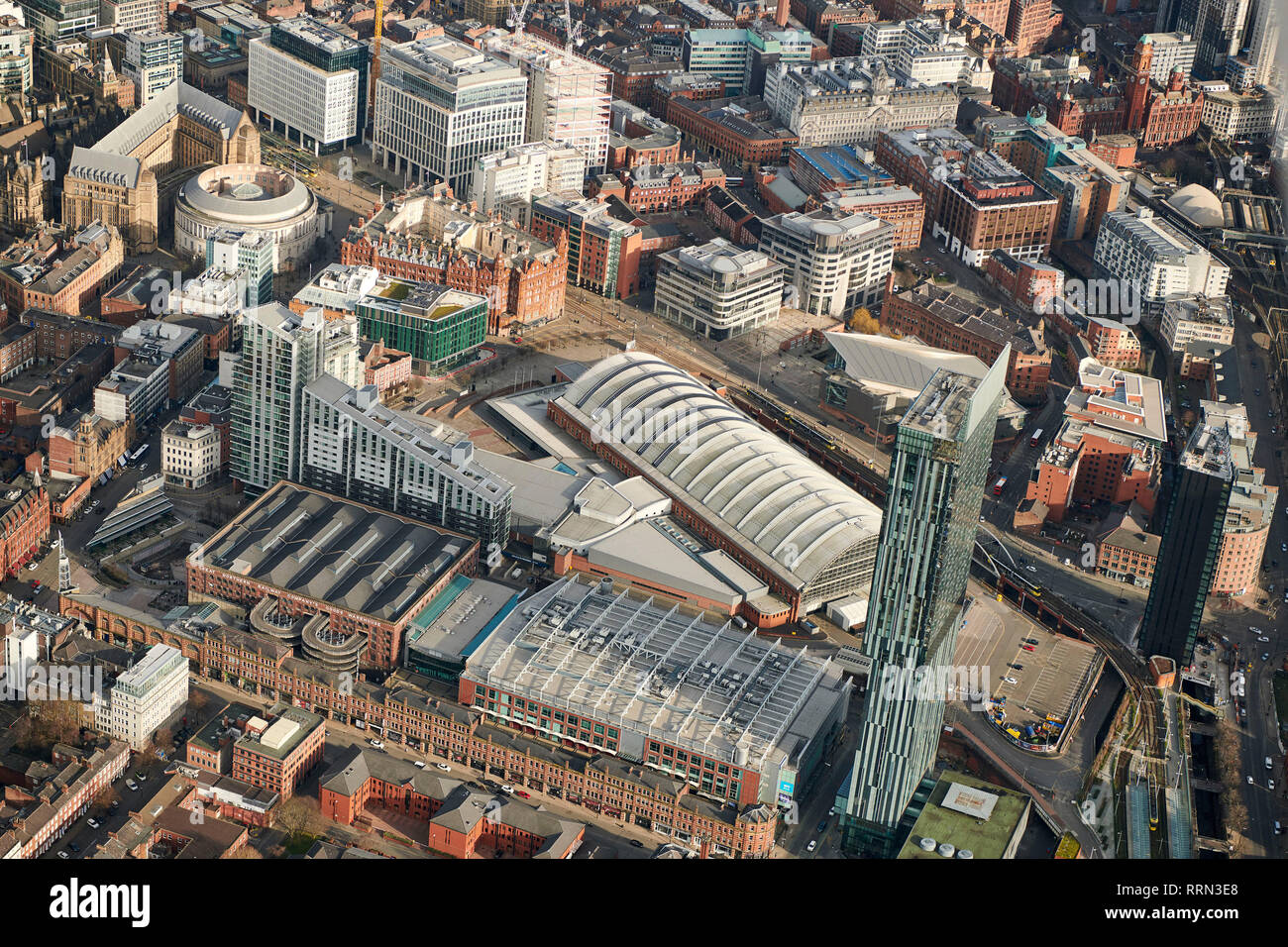An aerial view of Manchester City Centre, Spring 2018, North West England, UK Stock Photo
