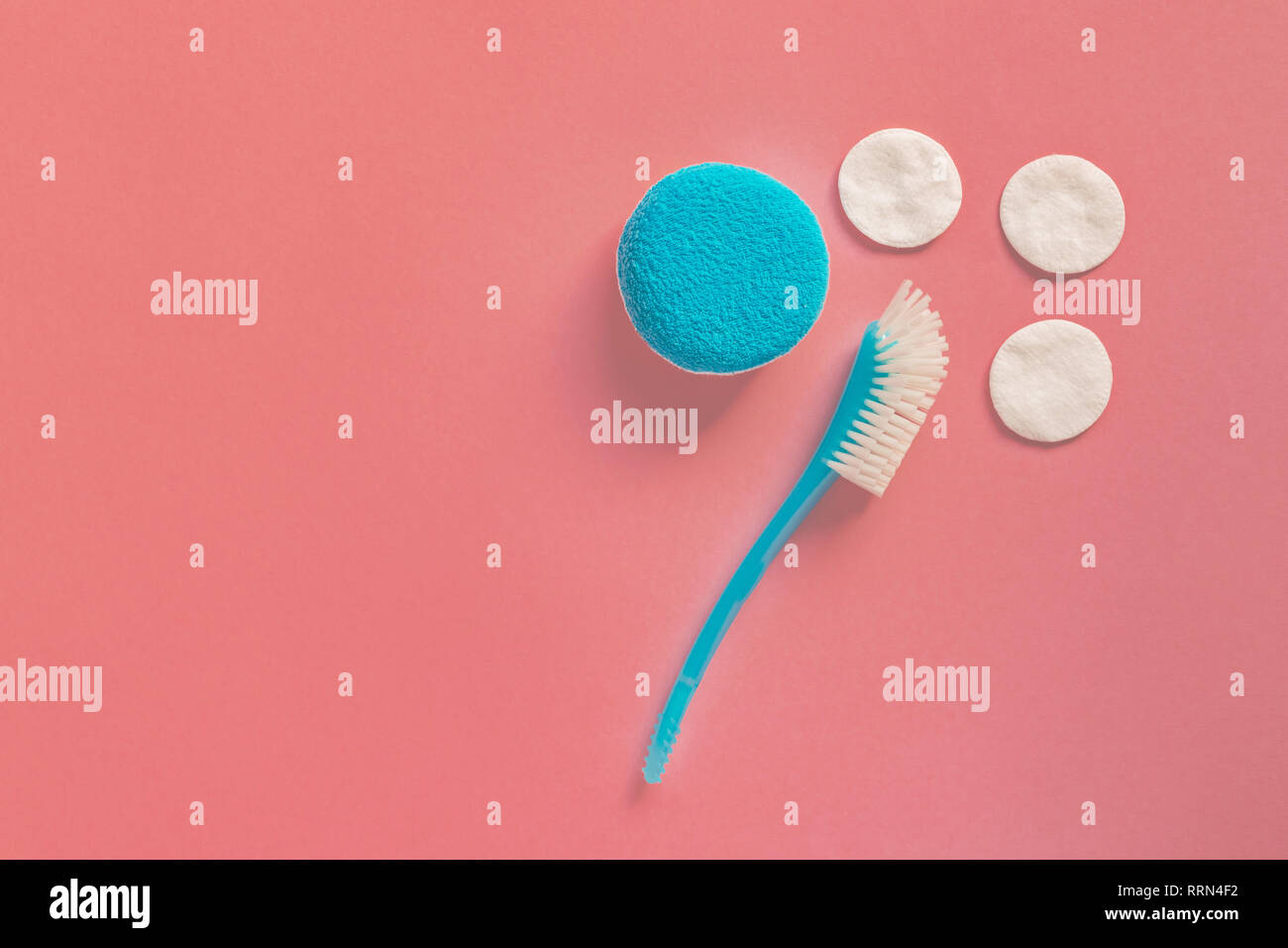 Baby girl cotton pads and brush, care and hygiene concept top view with copy space Stock Photo