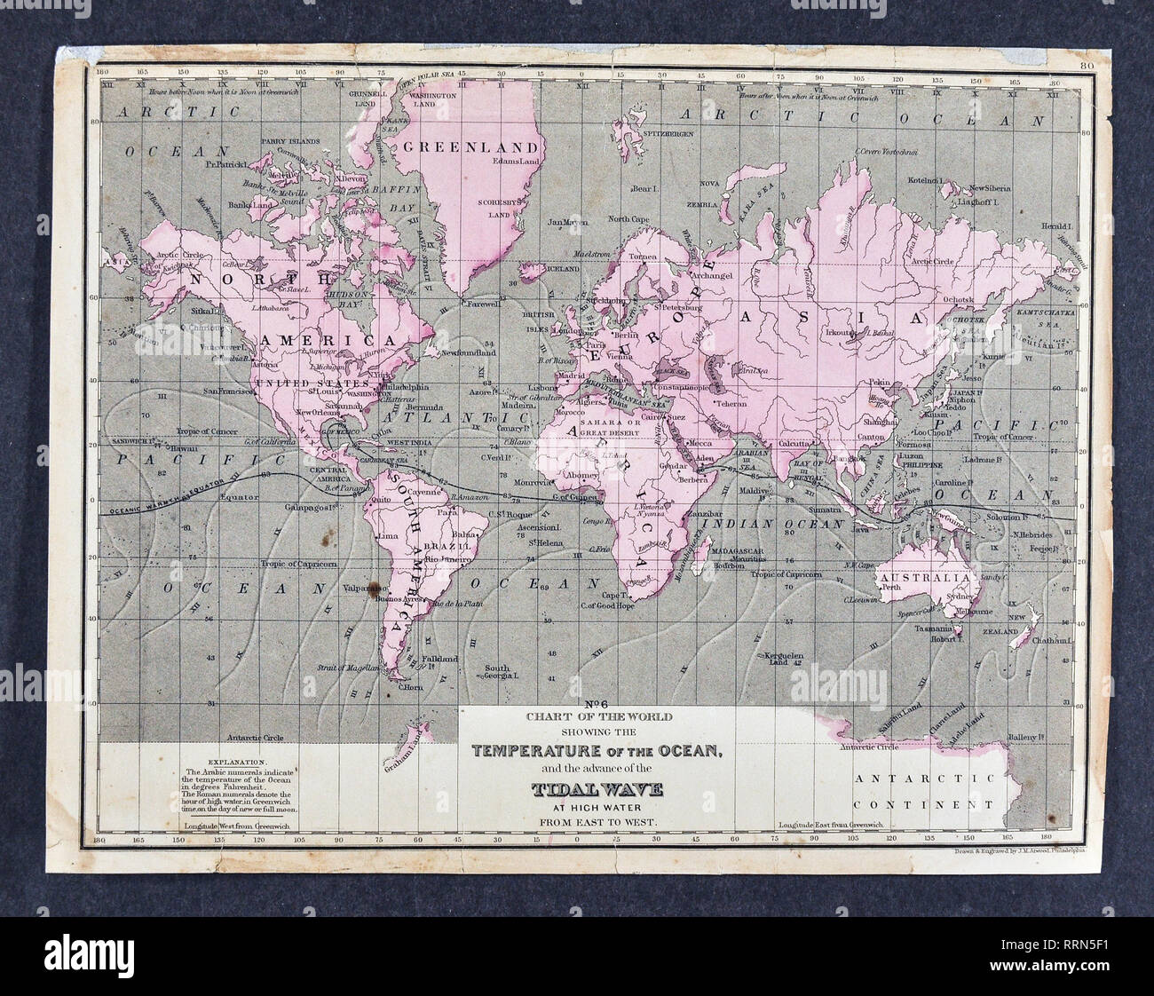 1868 Mitchell World Meteorological Map showing the Temperture of the Ocean and the Advance of the Tidal Wave at High Water Stock Photo
