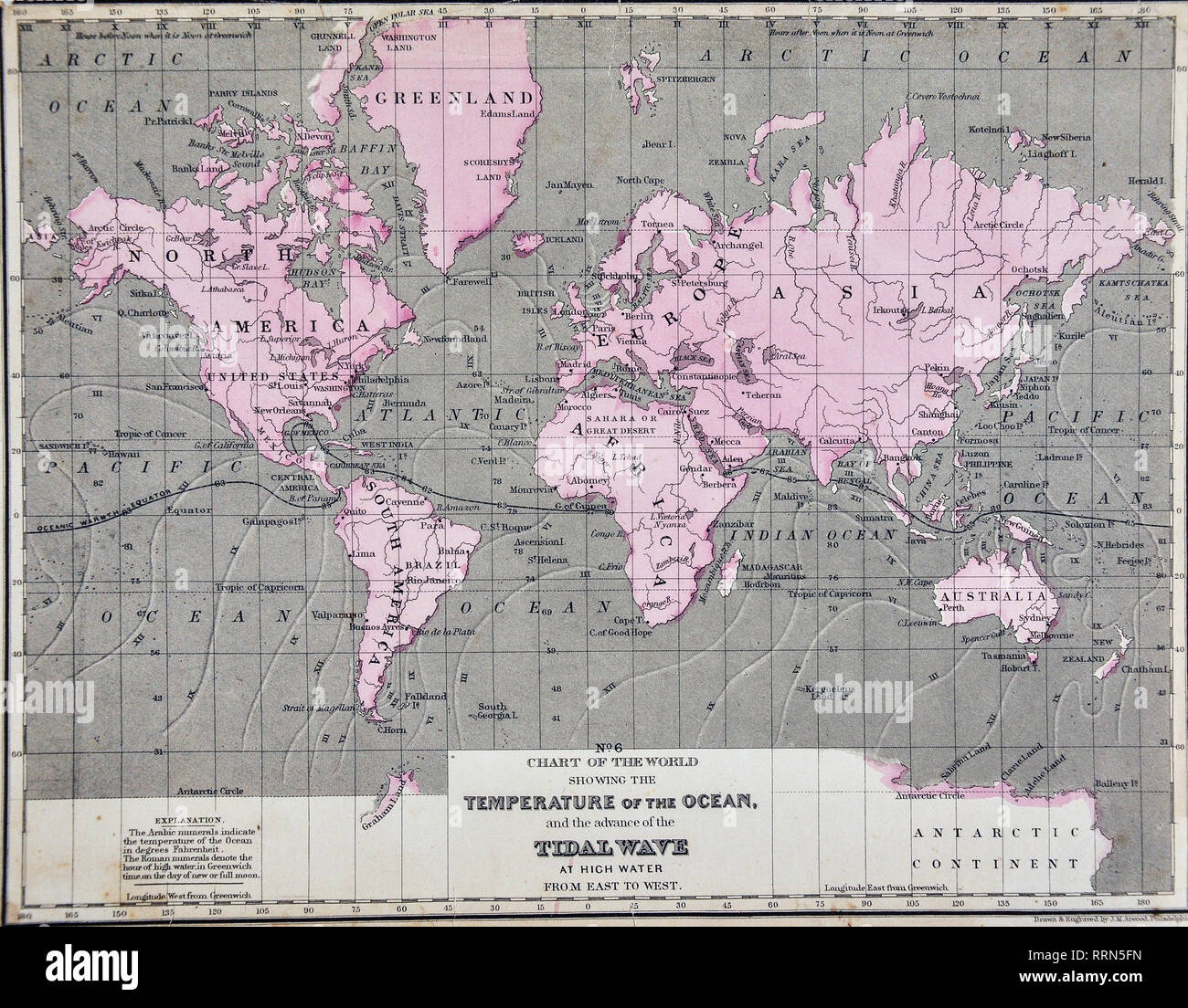 1868 Mitchell World Meteorological Map showing the Temperture of the ...
