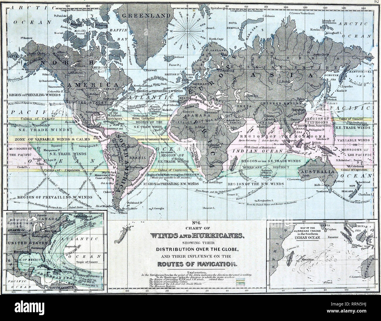 1868 Mitchell Meteorological Map of World showing Winds and Hurricanes ...