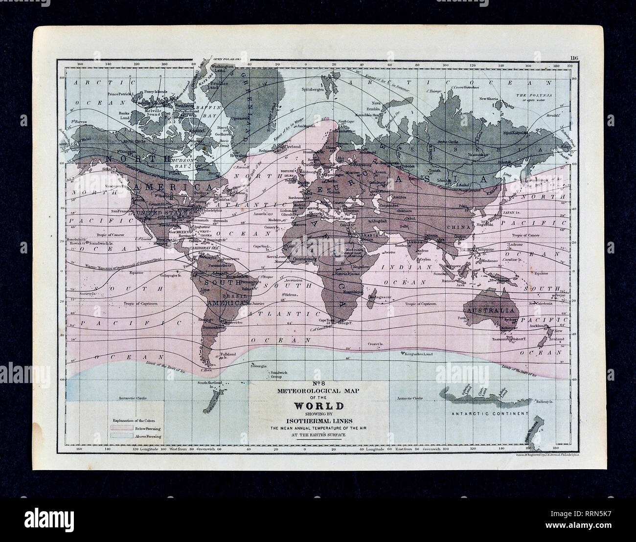 1868 Mitchell World Meteorological Map Showing Isothermal Lines of ...