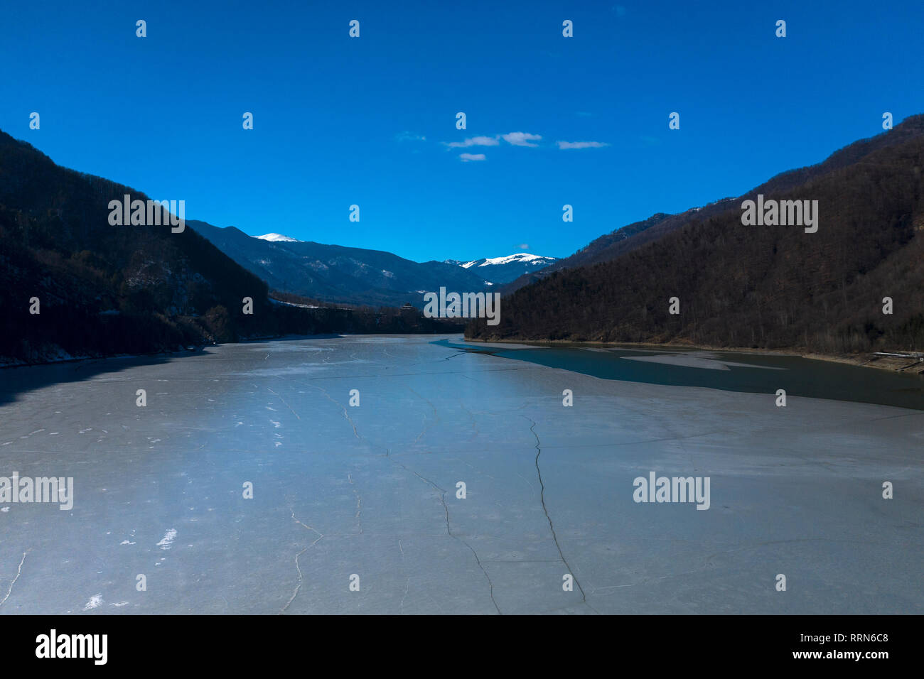 Aerial view of frozen river with dam. Beautiful winter landscape Stock ...