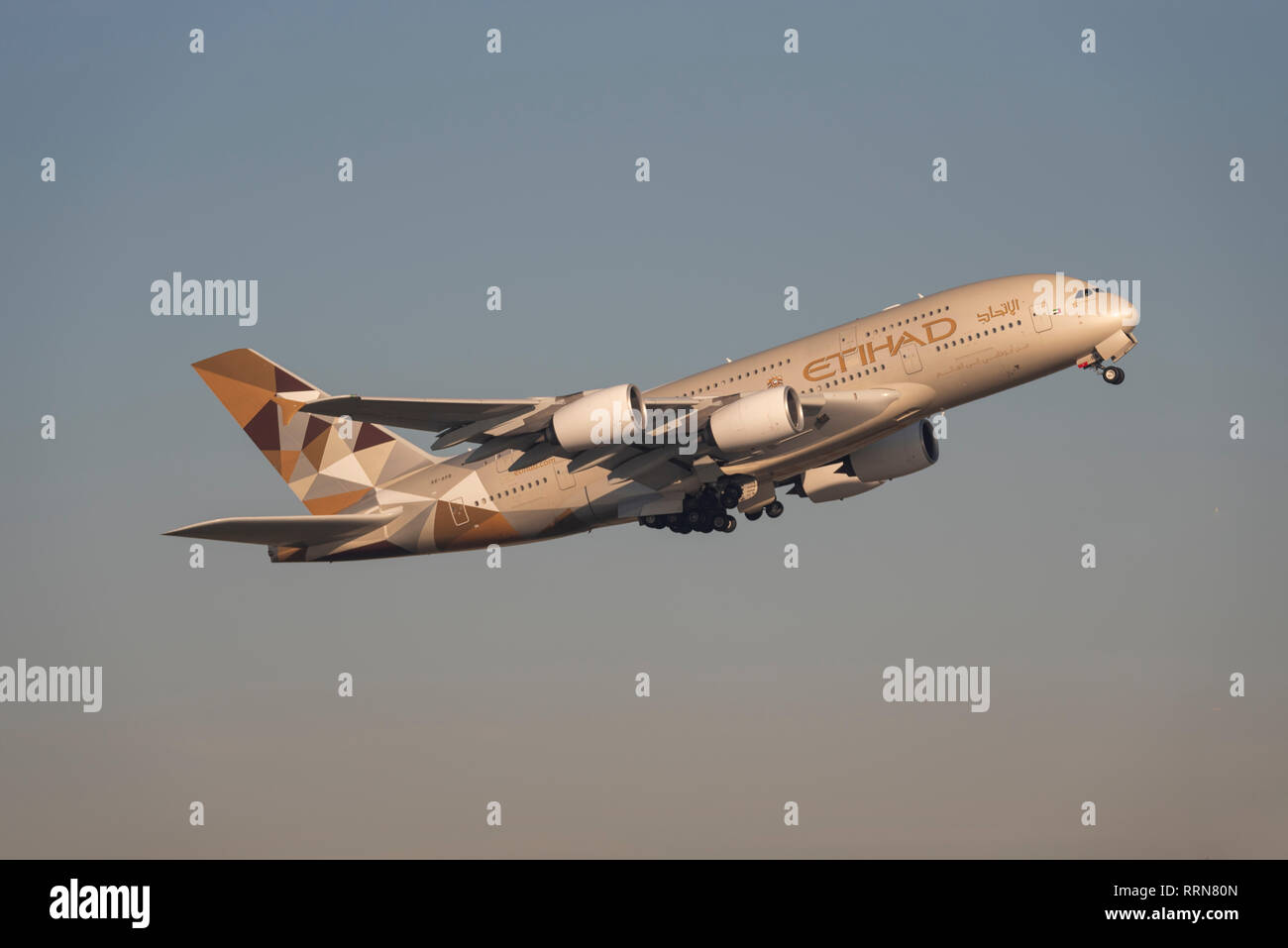 Etihad Airways Airbus A380 jet airliner plane A6-APB taking off from London Heathrow Airport, UK. Airline flight departure Stock Photo