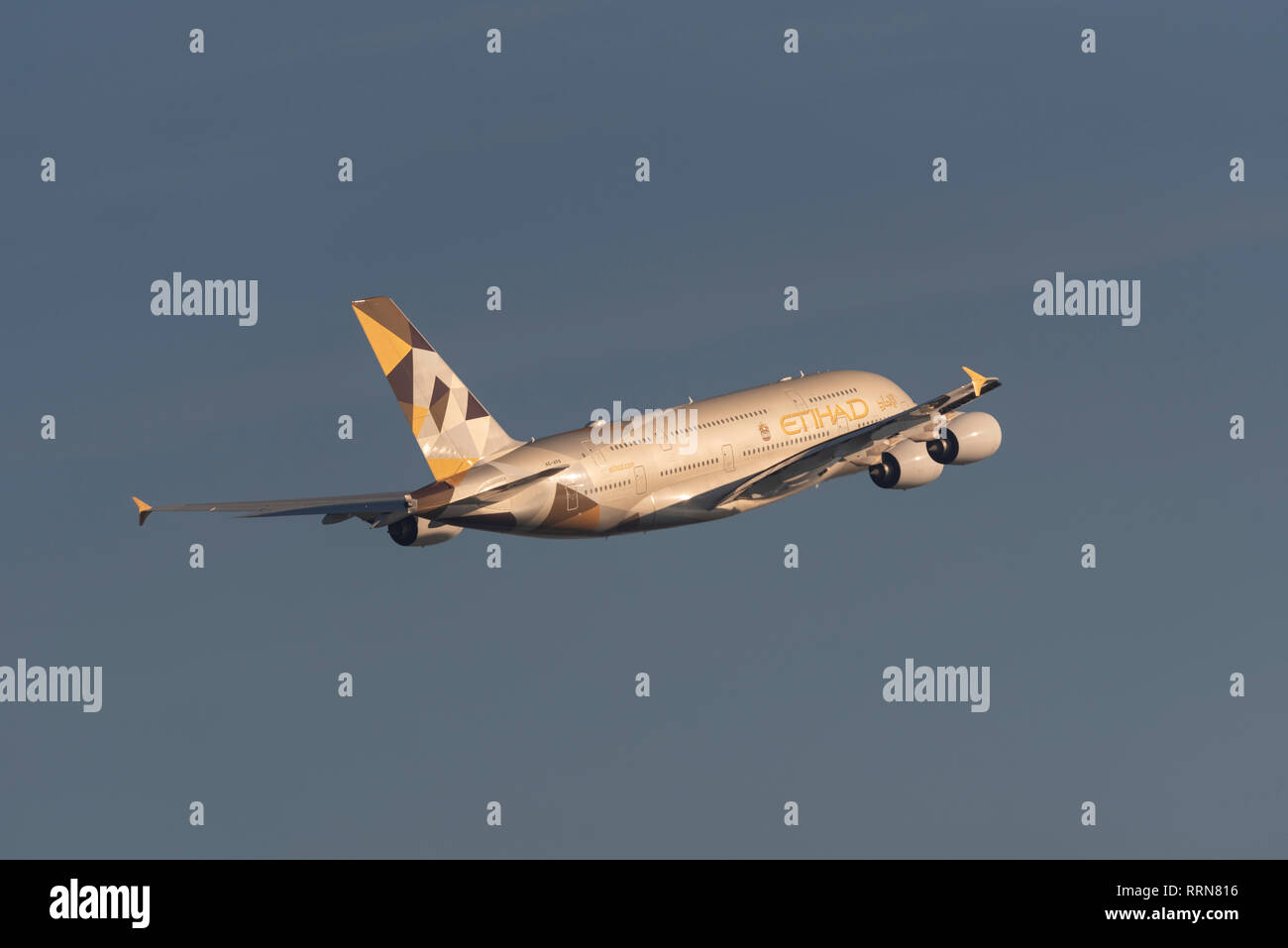 Etihad Airways Airbus A380 jet airliner plane A6-APB taking off from London Heathrow Airport, UK. Airline flight departure Stock Photo