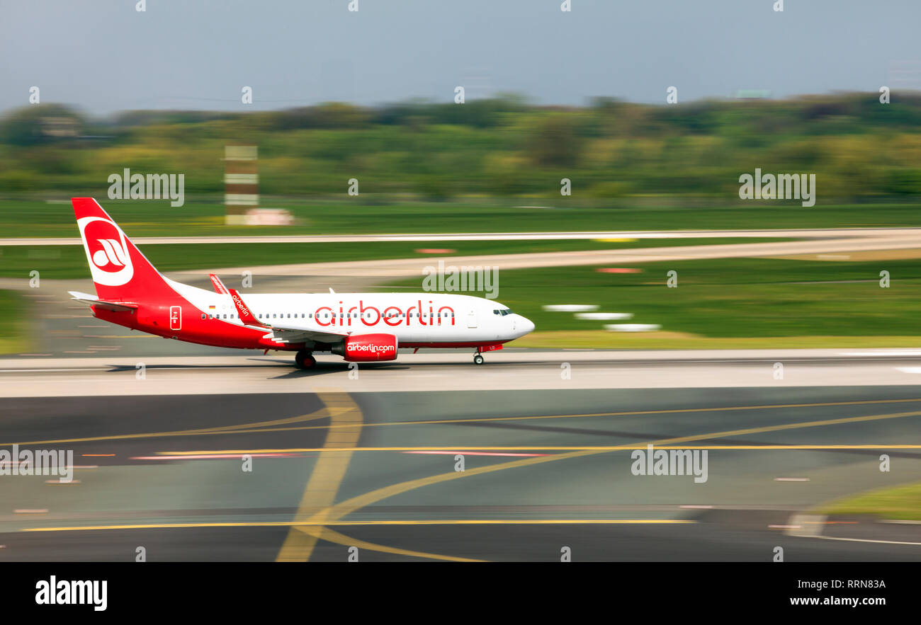 Aircraft Boeing 737-76J AirBerlin airline running on the runway of the airport before takeoff Stock Photo