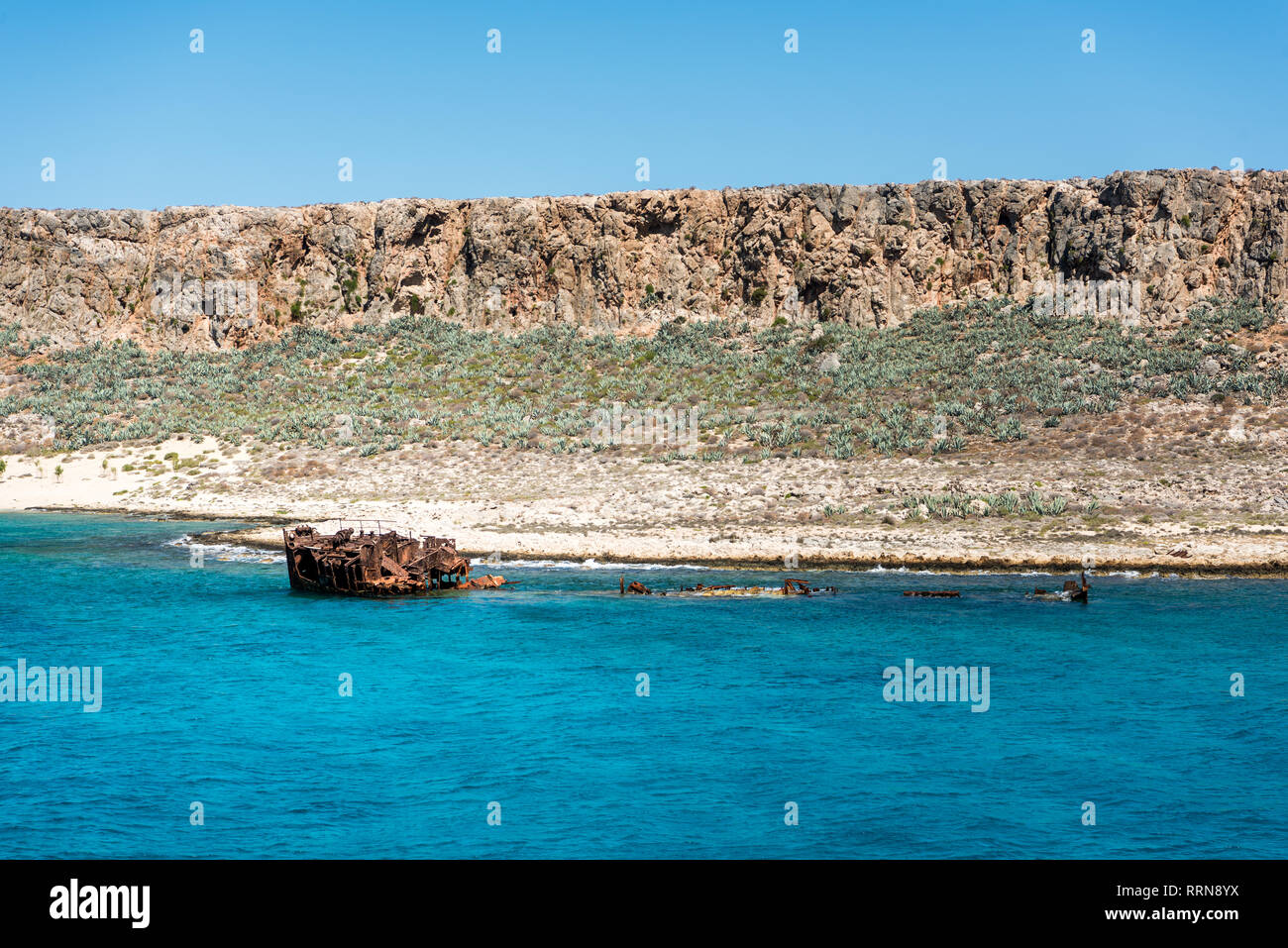 Wreck of motor ship Dimitrio at Gramvousa fortress Stock Photo