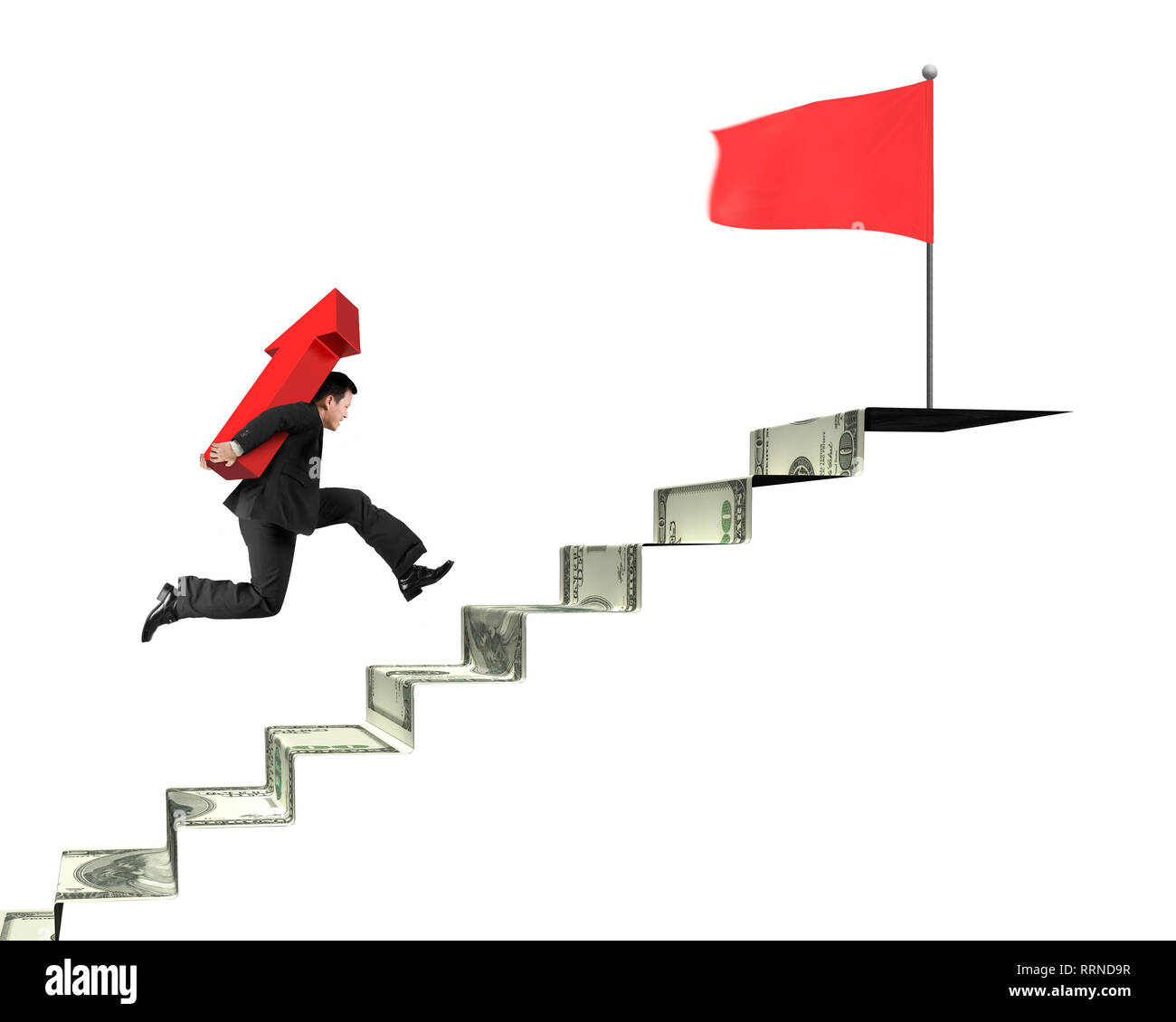 Businessman carrying red arrow running on money stairs to red flag on ...