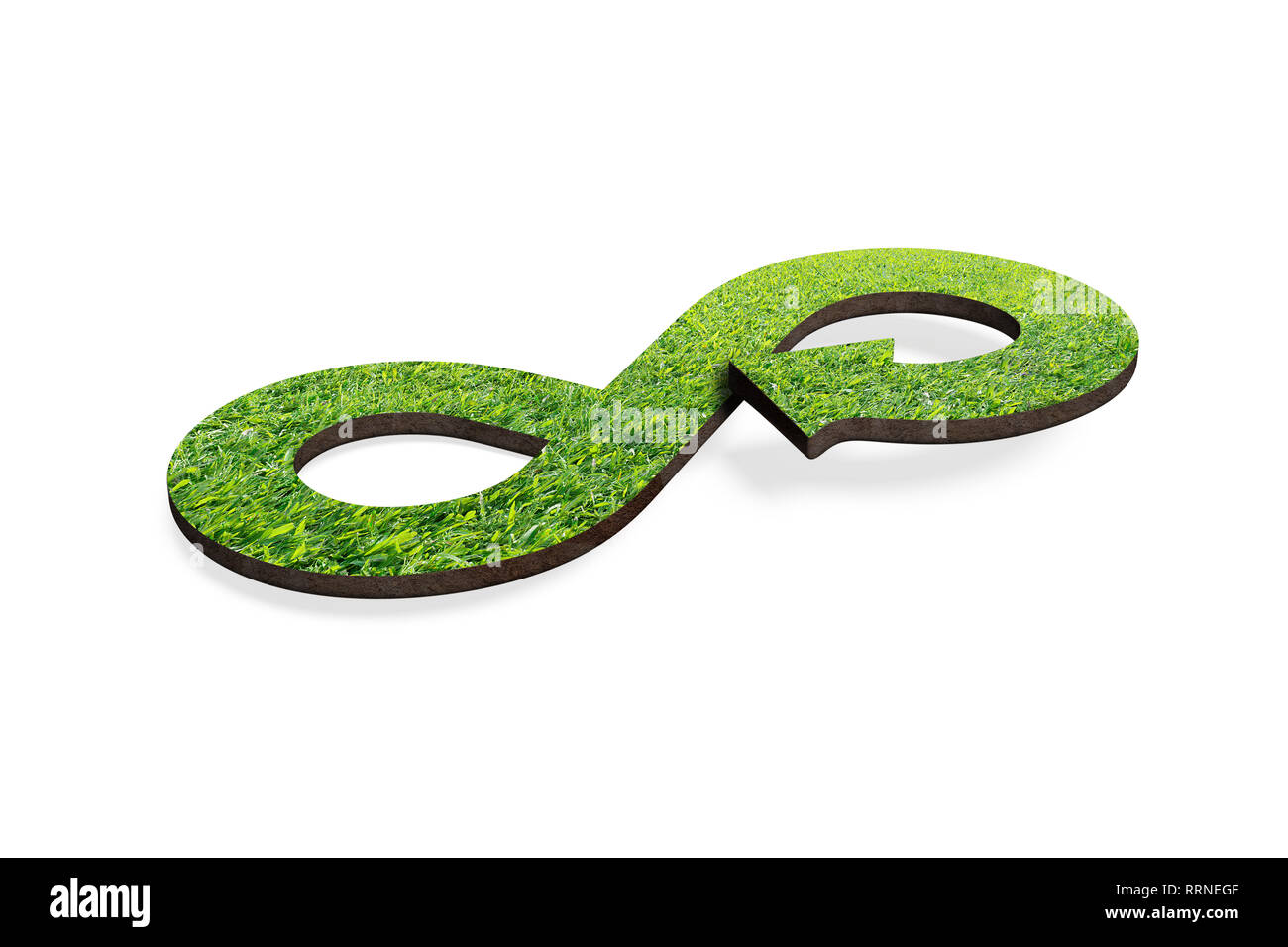 Green circular economy concept. Arrow infinity symbol with grass, isolated on white, 3D rendering. Stock Photo