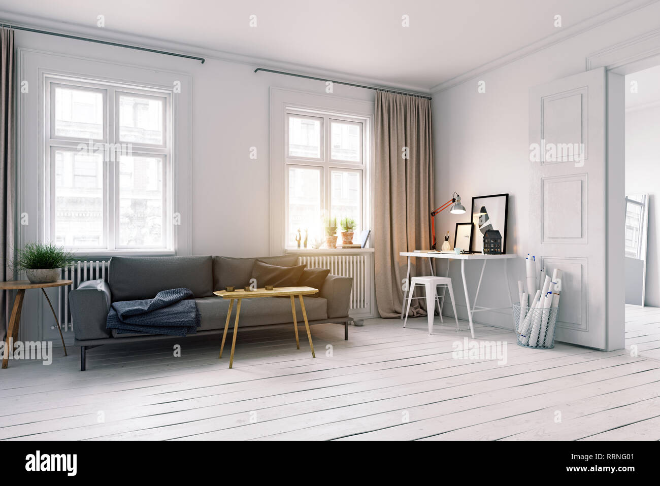 Modern Scandinavian Style Living Room Interior Design 3d Illustration Concept Stock Photo Alamy