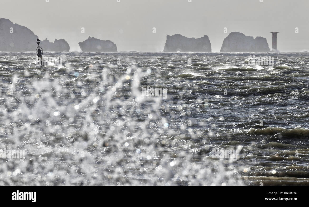 Choppy sea in the Solent just off Hurst Castle, with The Needles in the background Stock Photo