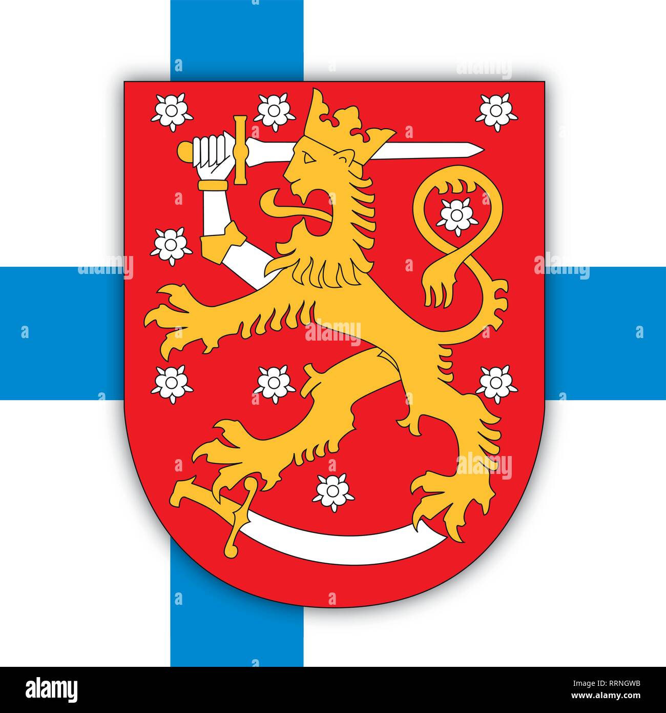 Suomi Finland coat of arms on the national flag, vector illustration Stock Vector