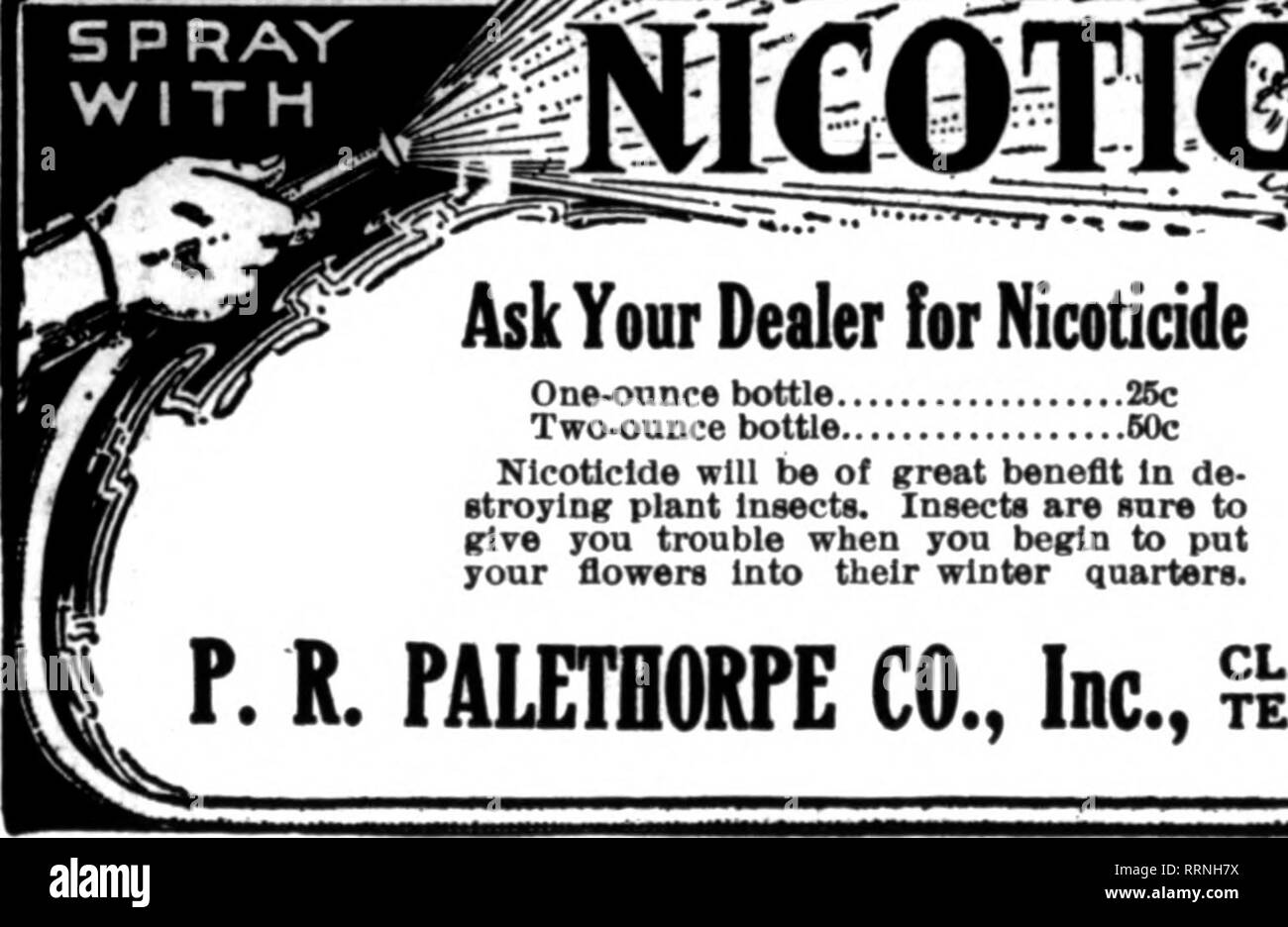 . Florists' review [microform]. Floriculture. / THE RECOGNIZED STANDARD INSECTICIDE. A spray remedy for green, black, white fly, thrlpa and soft scale. Quart. $1.00; Gallon, $2.60. FUNGINE An Infallible spray remedy for rose mildew, carnation and chrysanthemum rust. Quart, 76c; QaUon, $2.00. VERMINE A soil steriliser for cut. eel, wire and angle worms. Quart, $1.00; Gallon, $3.00. SCALINE For San Jose and various scale on trees and hardy stock. Quart, 76c: Gallon. $1.00. NIKOTIANA A 12 per cent nicotine solution properly diluted for fumigating or vaporizing. Quart, $1.60; Gallon, $1.60. If you Stock Photo