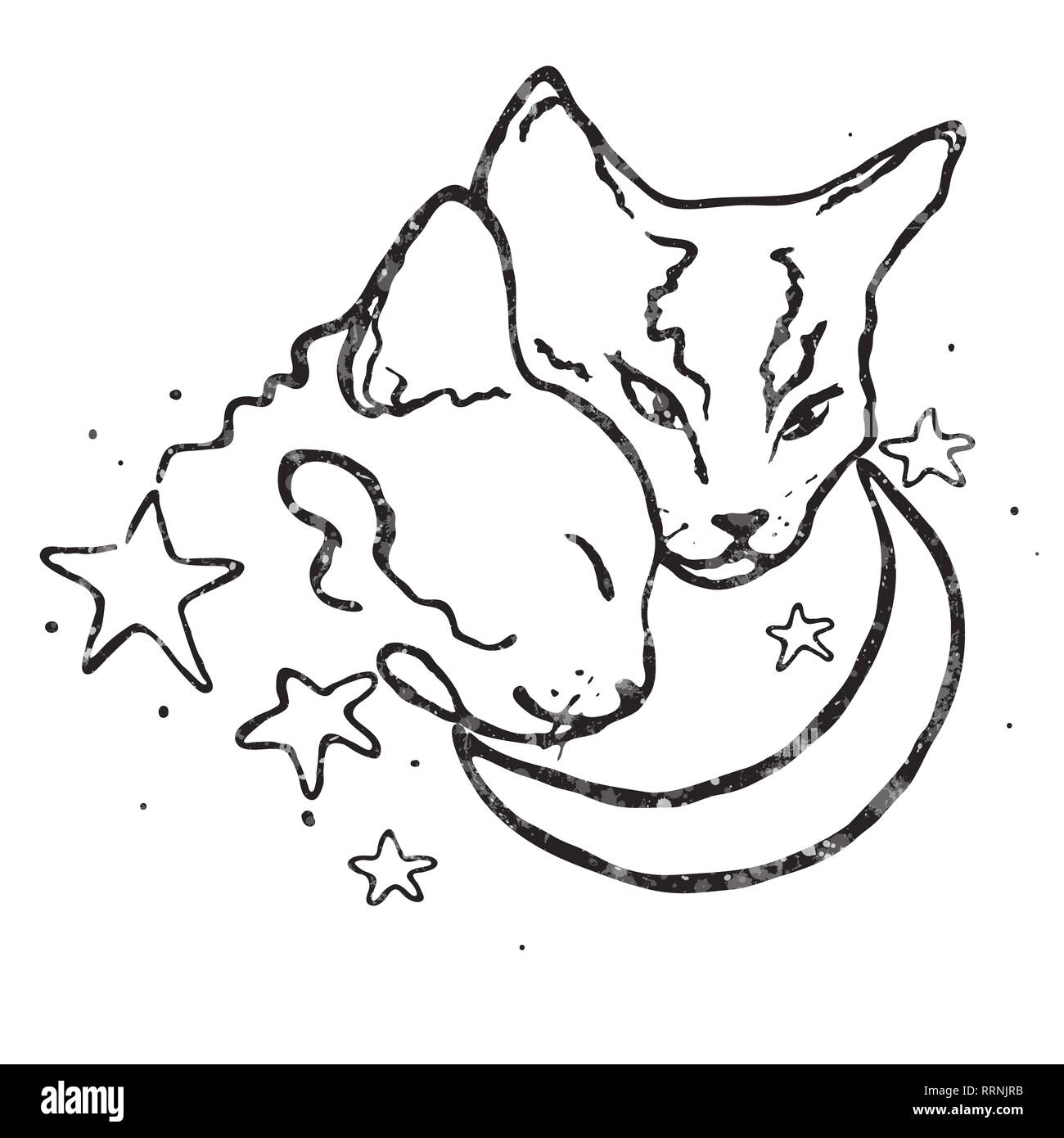 Two cats in love hug doodle icon. Cute pets vector art on white