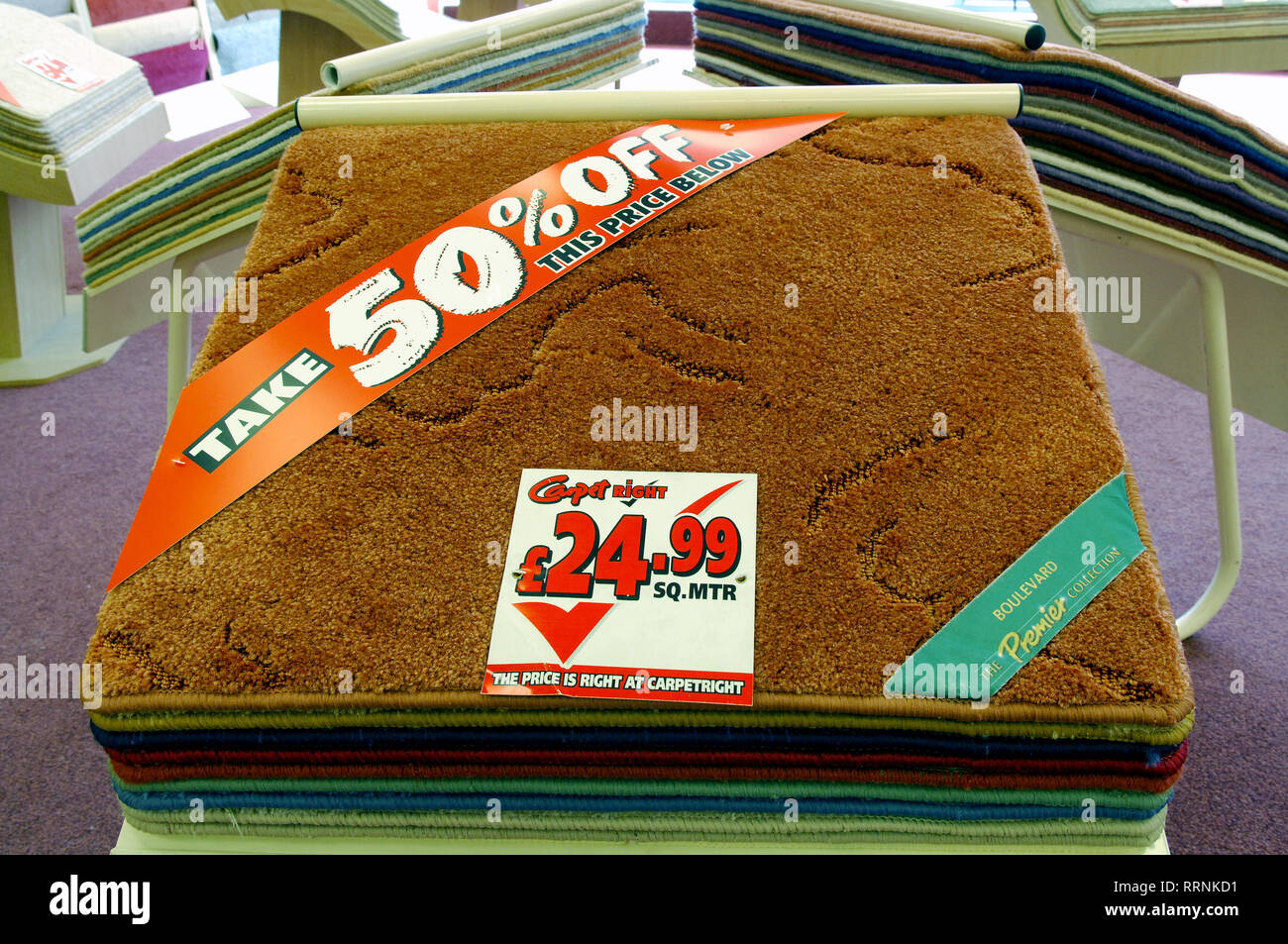 Various carpets samples, carpet swatches on display in a carpet