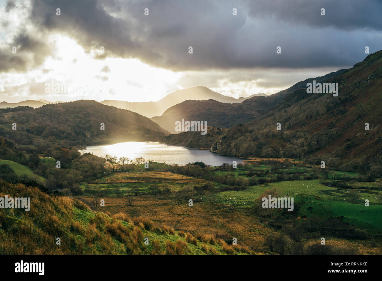 Scenic, remote sunset landscape and lake view, Snowdonia NP, UK Stock Photo