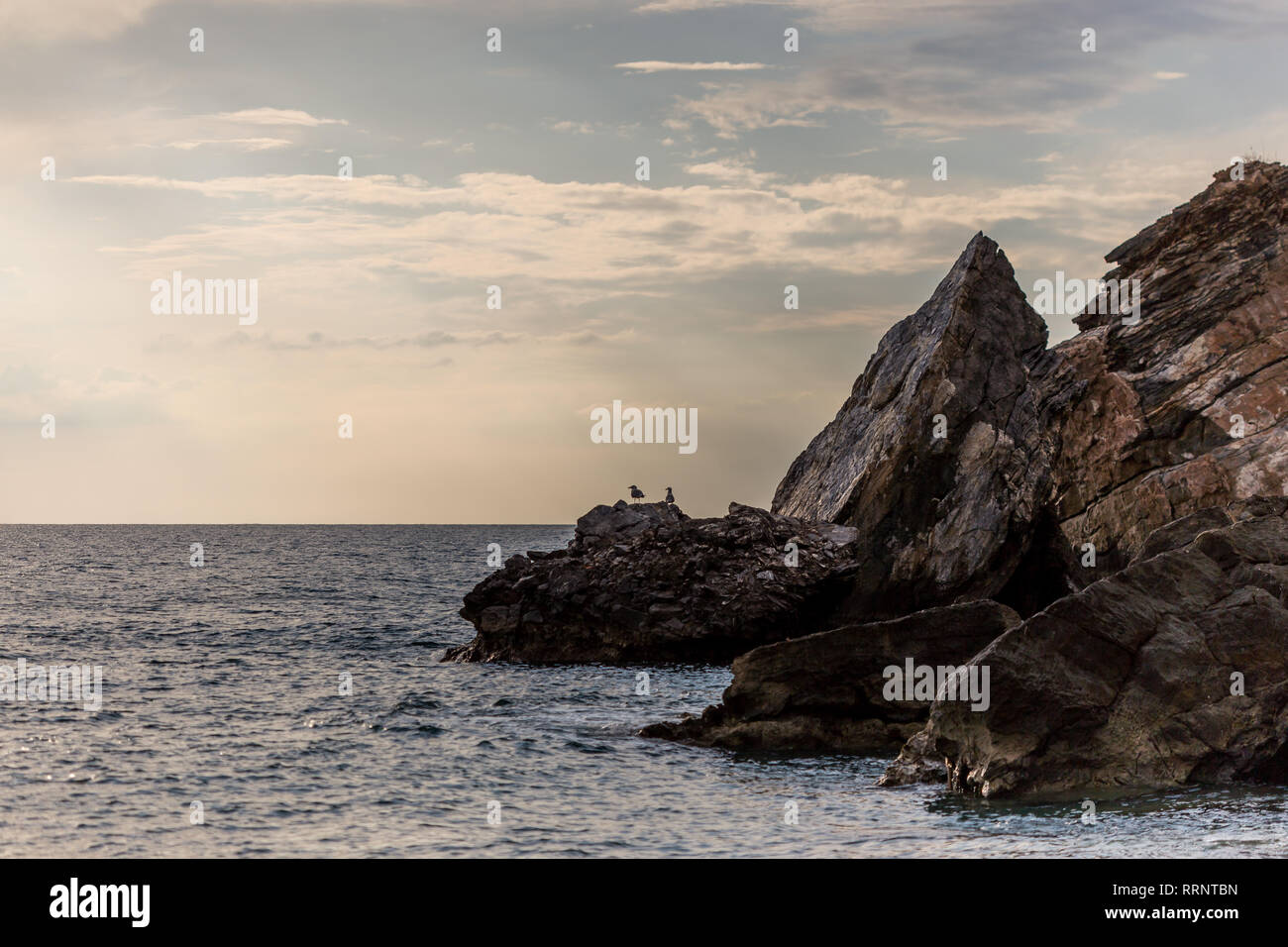 Horizontal seascape with impressive rocks by the sea. Negative space ...