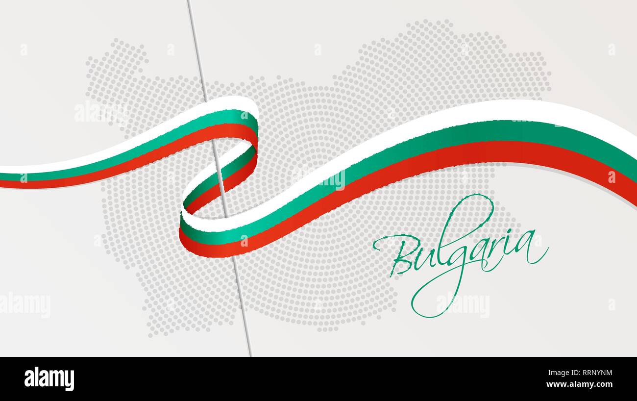 Vector illustration of abstract radial dotted halftone map of Bulgaria and wavy ribbon with Bulgarian national flag colors for your design Stock Vector
