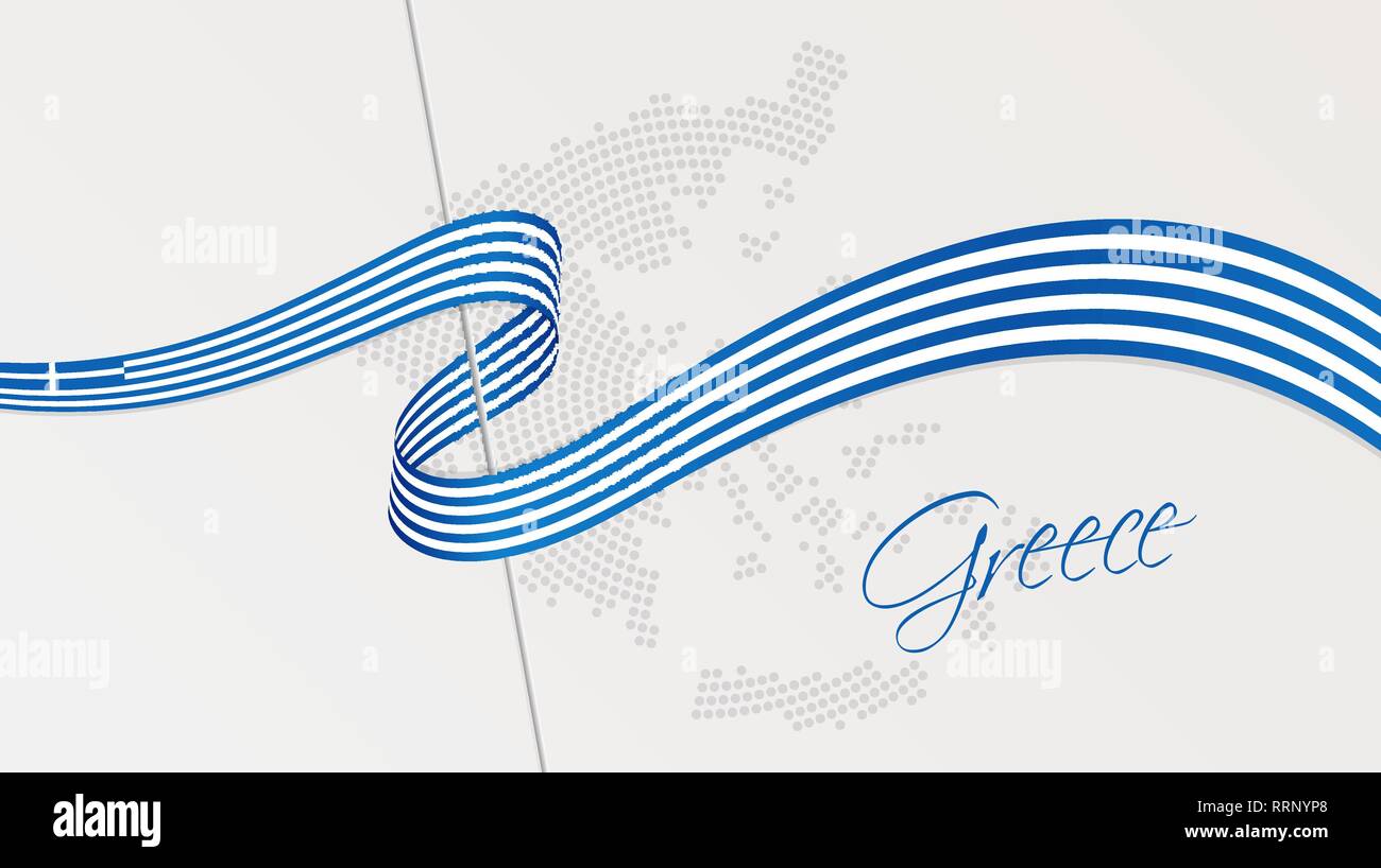 Vector illustration of abstract radial dotted halftone map of Greece and wavy ribbon with Greek national flag colors for your graphic and web design Stock Vector