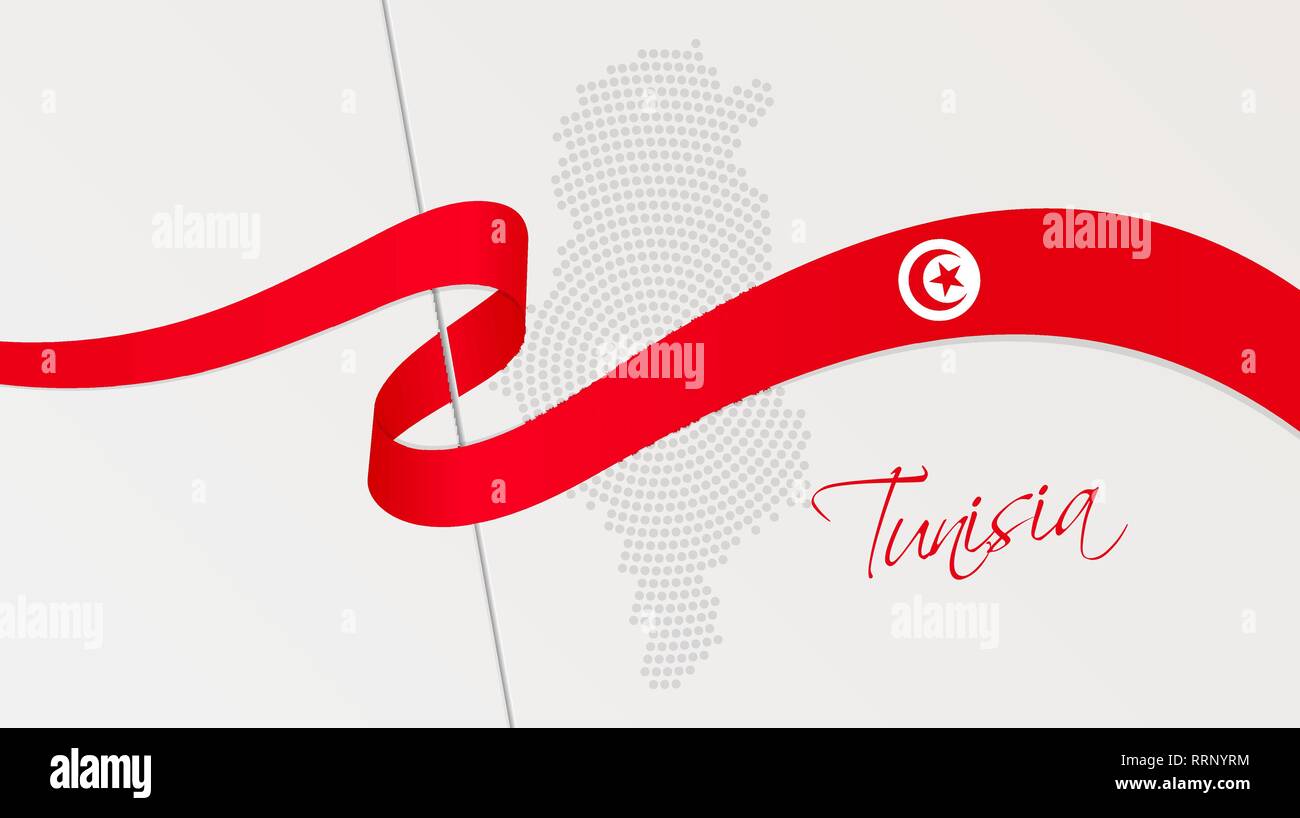 Vector illustration of abstract radial dotted halftone map of Tunisia and wavy ribbon with Tunisian national flag colors for your design Stock Vector