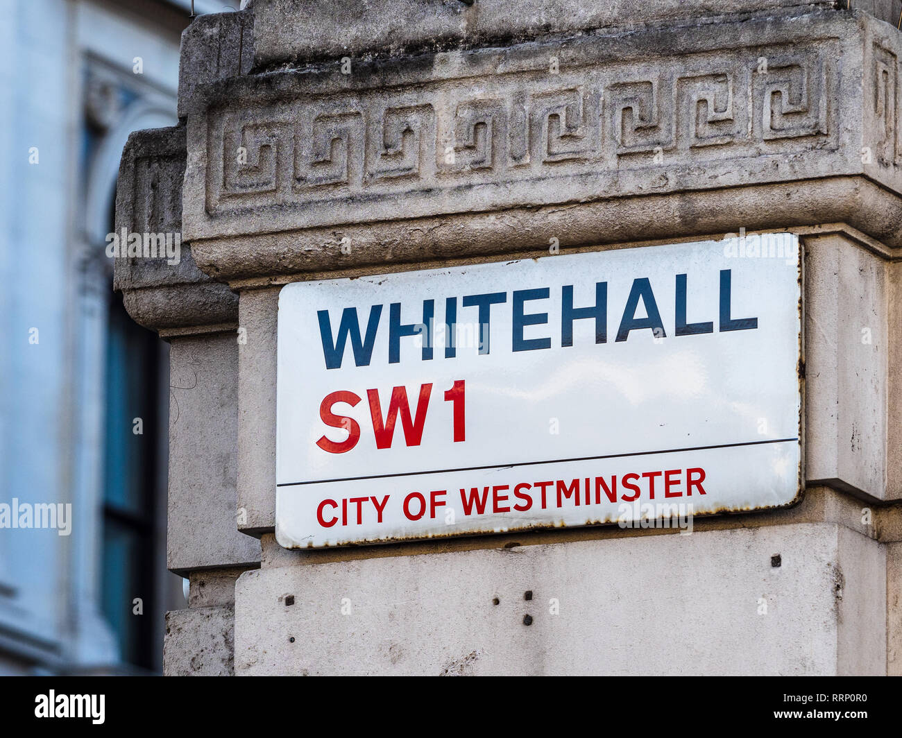 Whitehall SW1 Street Sign London - Whitehall is at the heart of the City of Westminster Government District in Central London Stock Photo
