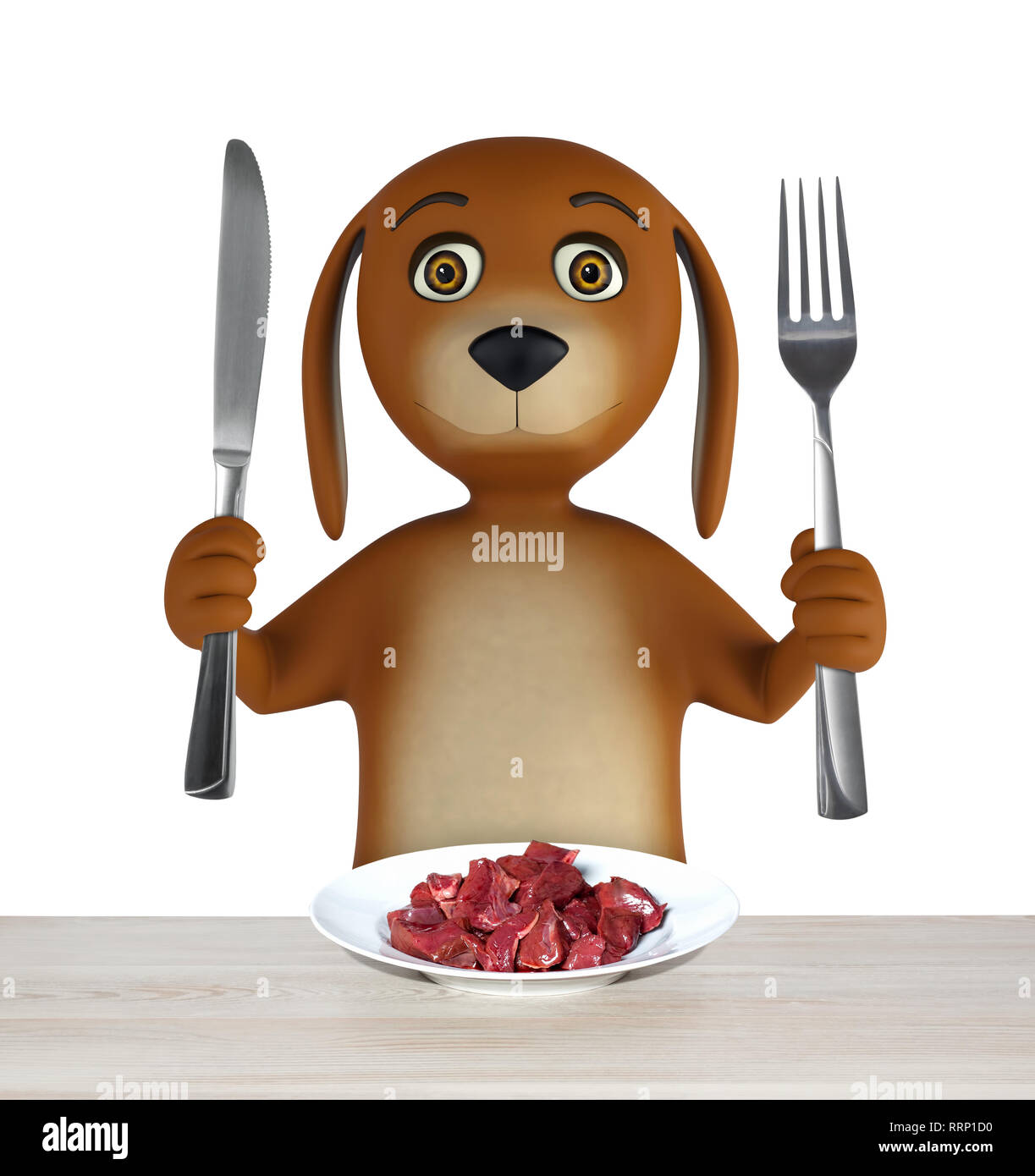 Cartoon dog with bowl of meat holds a knife and fork. isolated on white background. 3d render Stock Photo