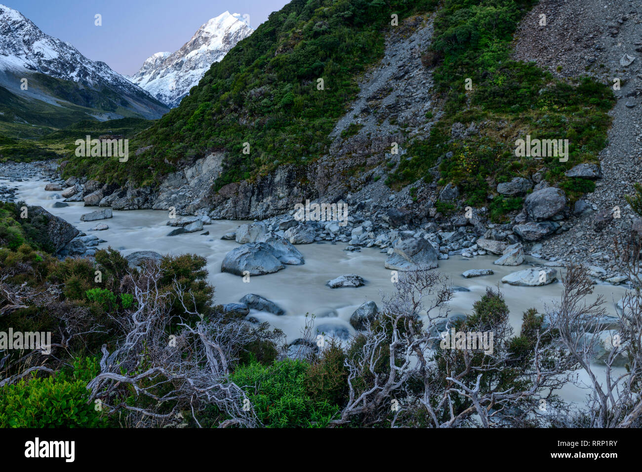 Oceania, New Zealand, Aotearoa, South Island, Mount Cook National Park, Hooker Creek with Mount Cook Stock Photo