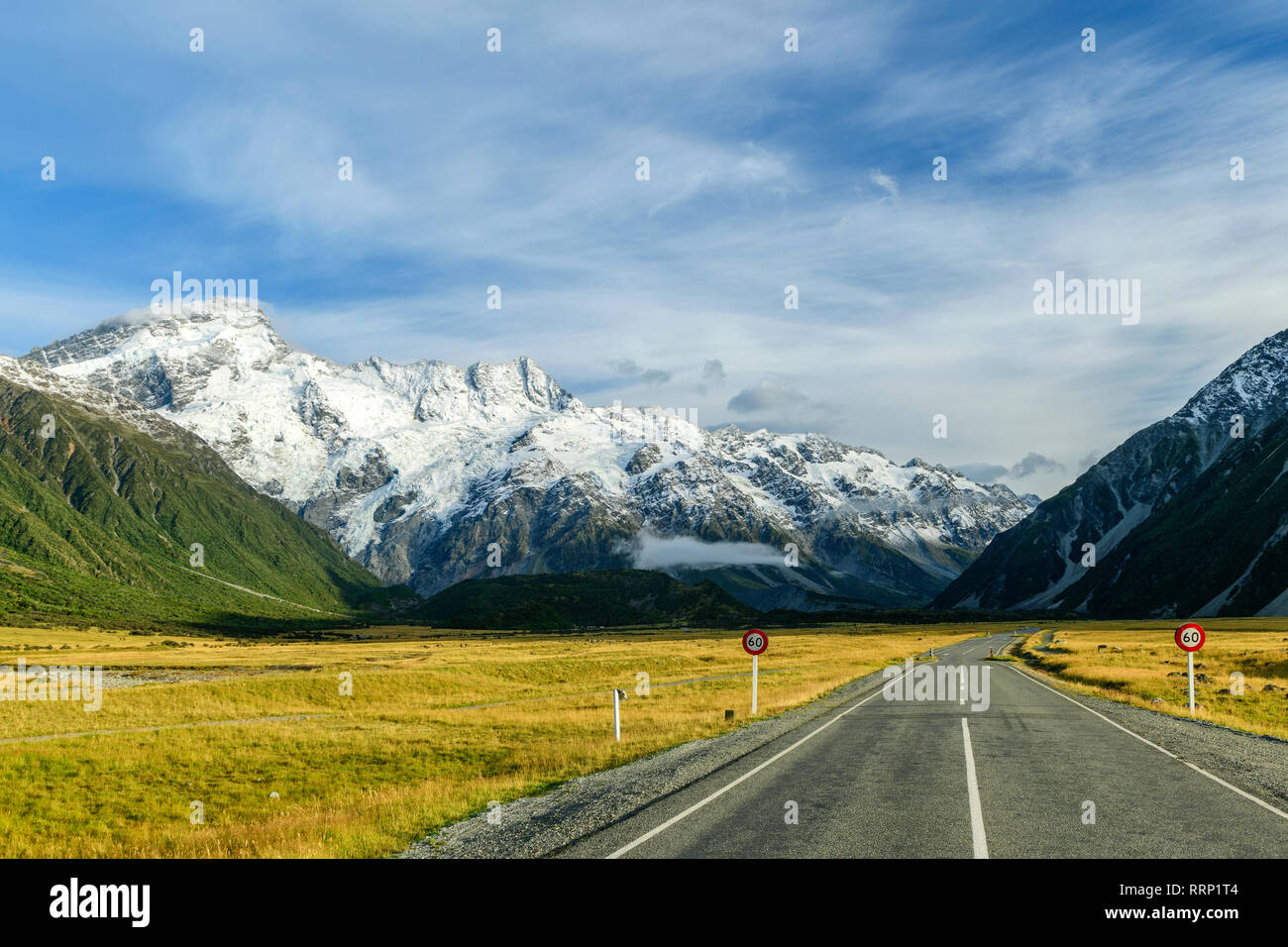 Oceania, New Zealand, Aotearoa, South Island, Mount Cook National Park, Highway to Mount Cook, Stock Photo