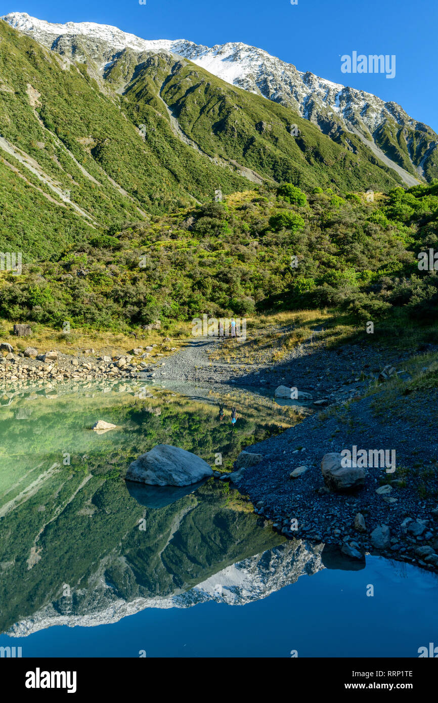 Oceania, New Zealand, Aotearoa, South Island, Mount Cook National Park, people hiking at Tasman lake Stock Photo