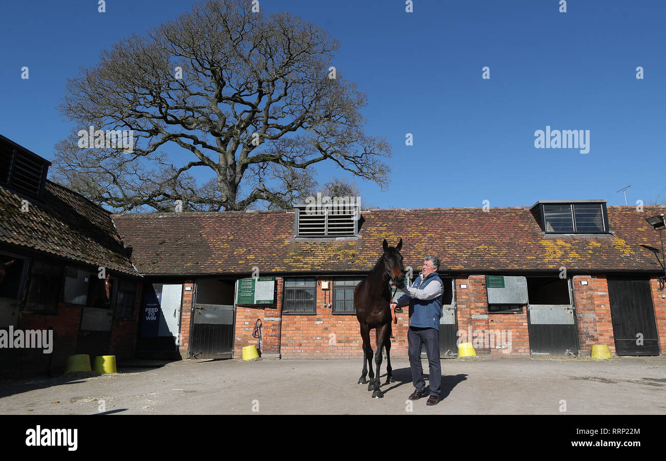 Trainer Paul Nicholls with Clan Des Obeaux during the visit to Paul Nicholls' Yard at Manor Farm Stables, Ditcheat. Stock Photo