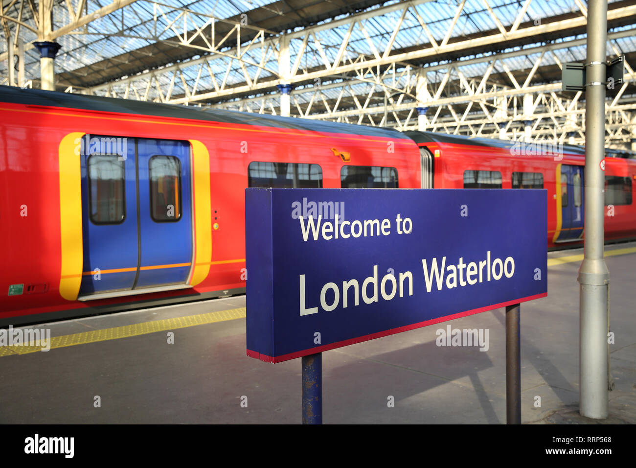 London Waterloo station with some trains in the background, England. Stock Photo