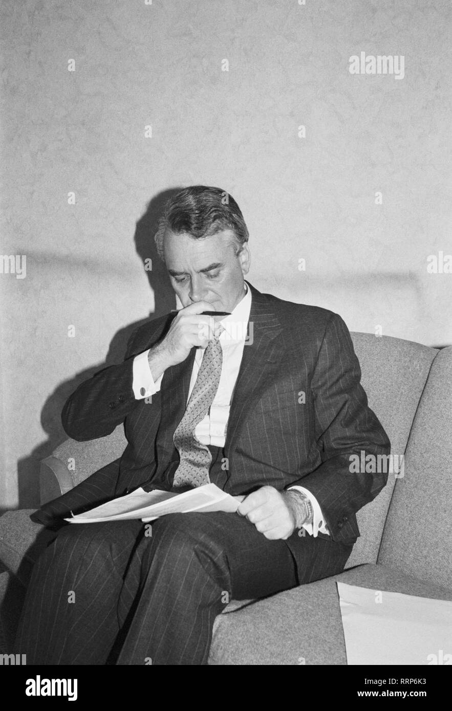 The leader of the Social Democratic Party, Robert Maclennan, checks his notes before making his speech. Stock Photo