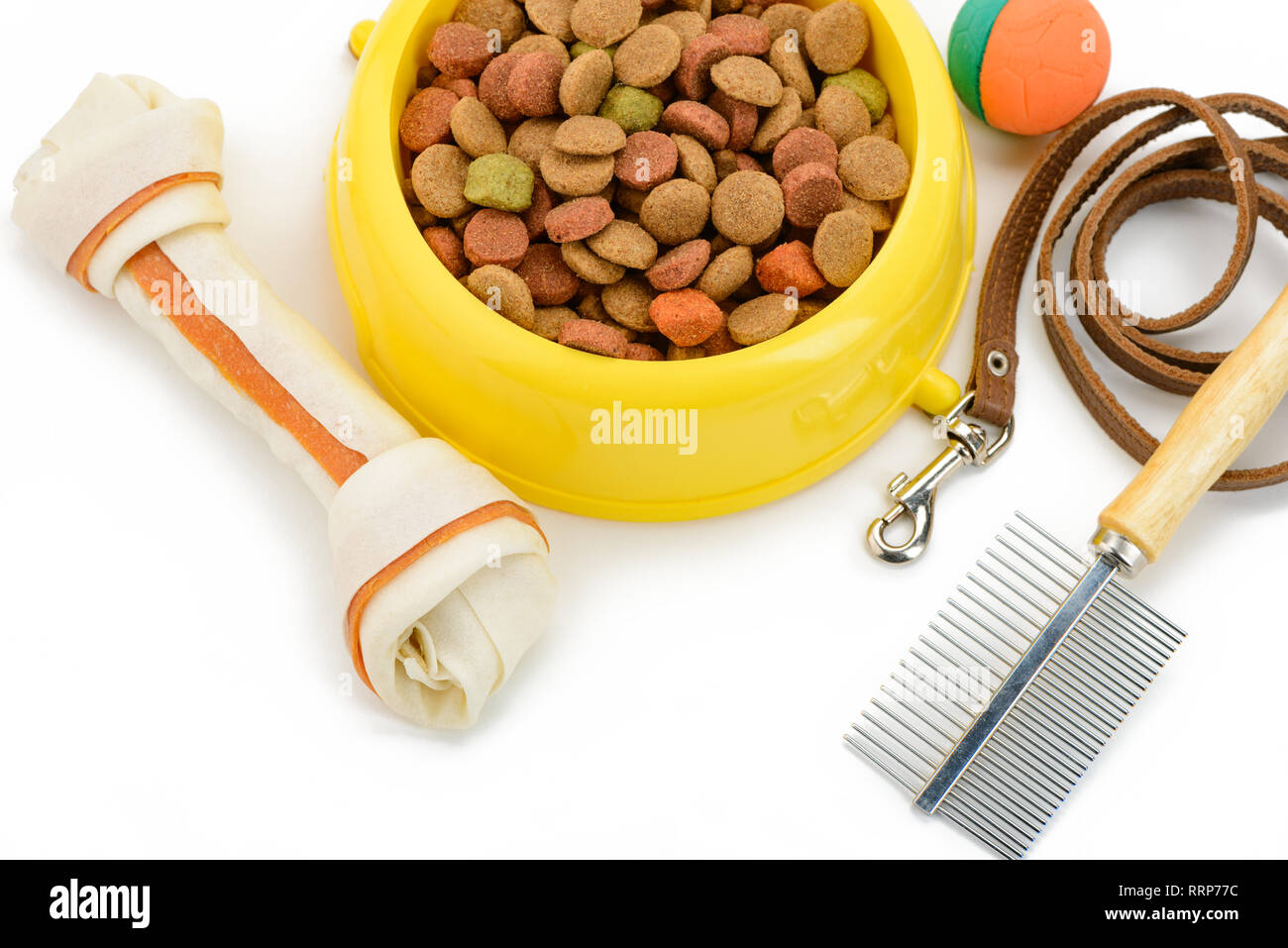 Dog bone, kibbles, leash, brush Stock Photo