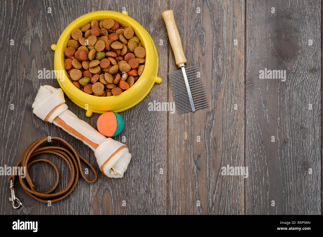 Leash, toys, food and brush Stock Photo