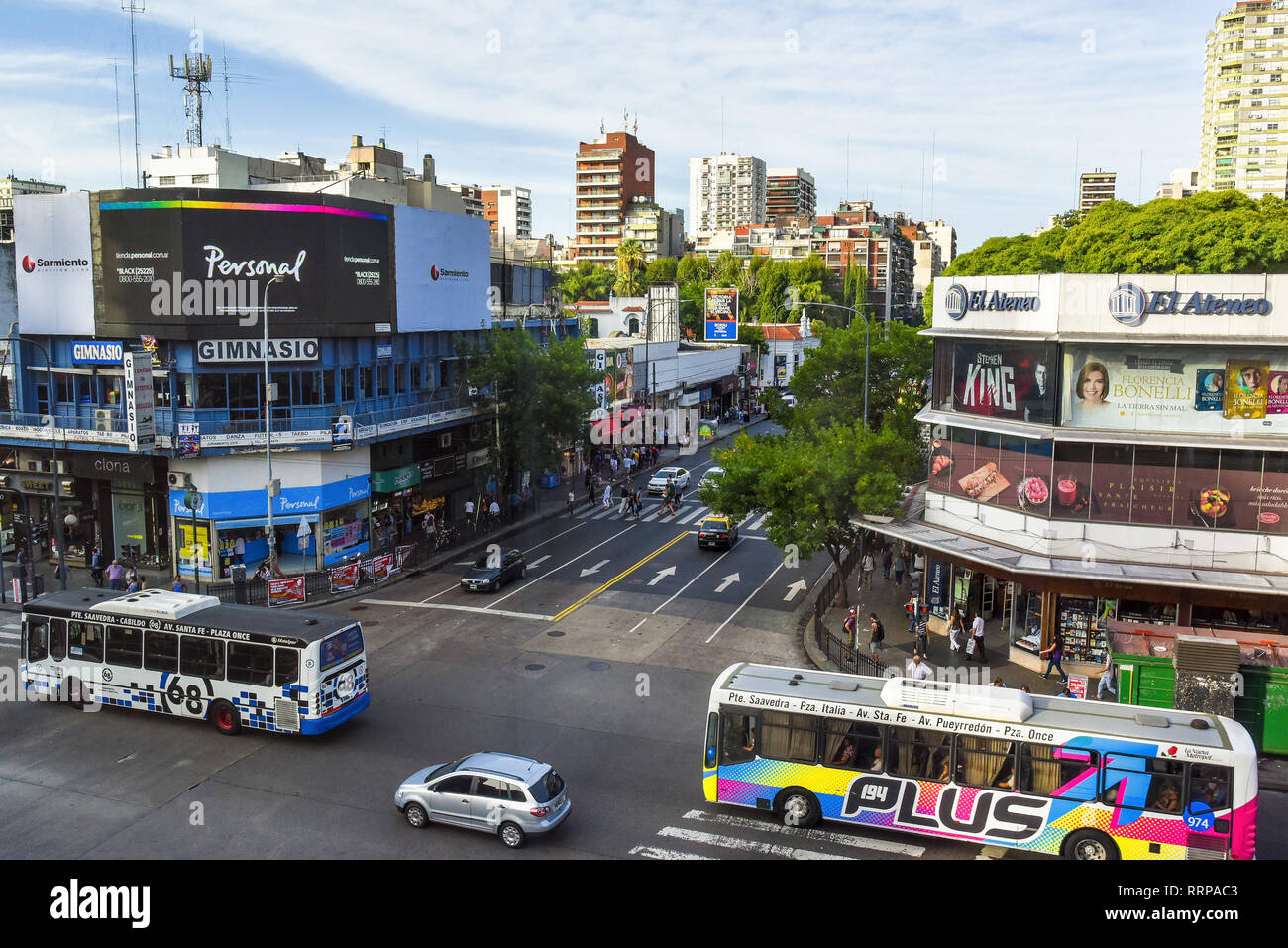 Buenos Aires, Argentina - 17 Mar, 2016: Aerial daytime view of the Cabildo Avenue with buses and pedestrians. Stock Photo
