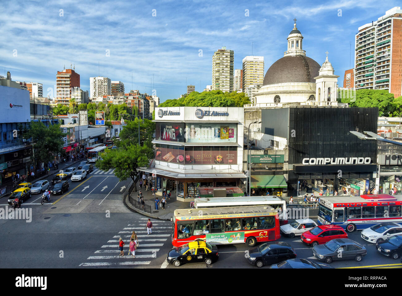 Buenos Aires, Argentina - 17 Mar, 2016: Aerial daytime view of the Cabildo Avenue and dome of the Parish of the Immaculate Conception with traffic. Stock Photo