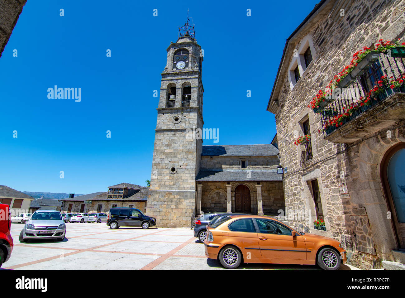 Puebla de Sanabria, Zamora, Spain, June 2017: view of tower of the church  of the medieval village of Puebla de Sanabria in the province of Zamora. Stock Photo