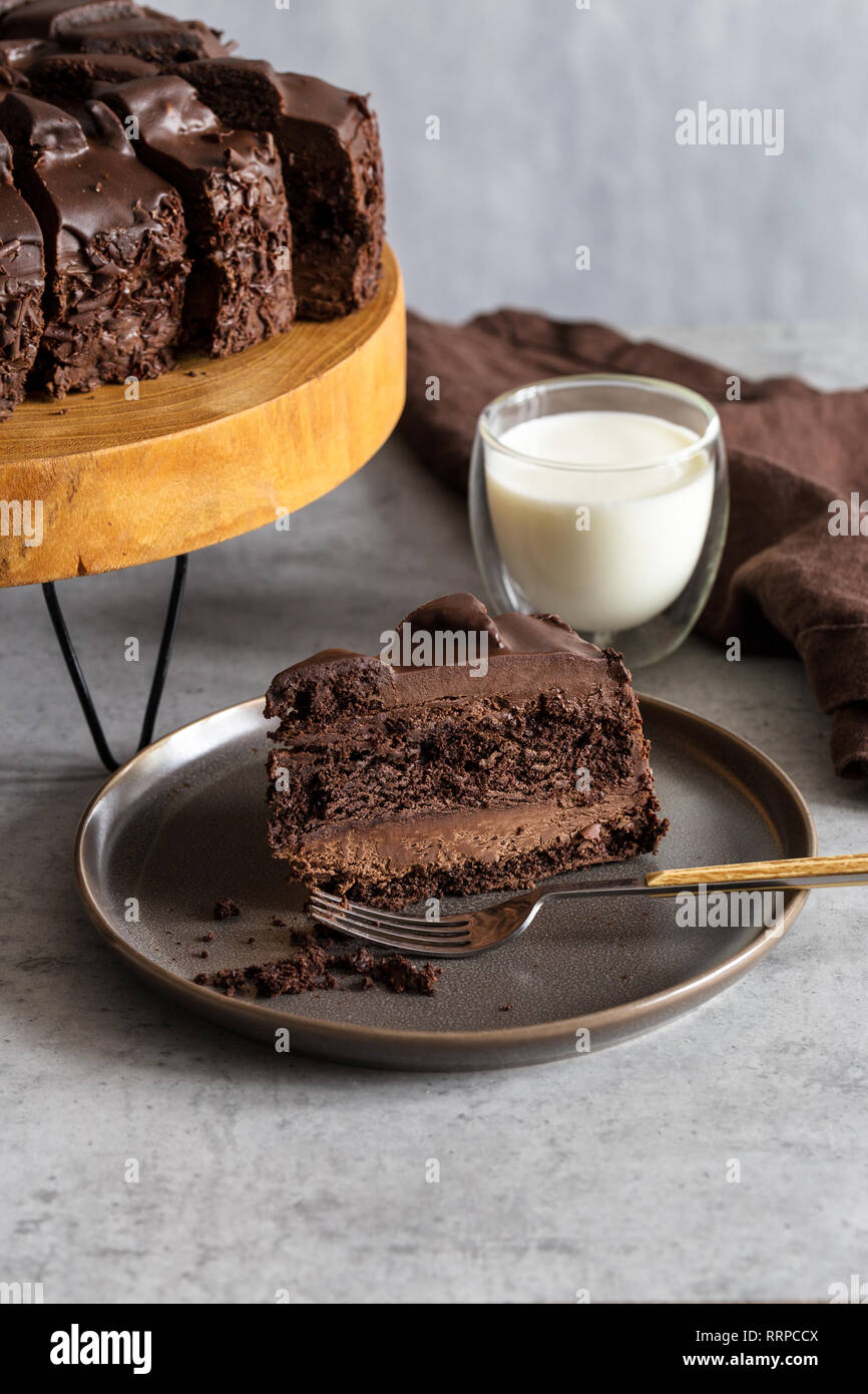 Slice of chocolate cake on gray plate with fork, glass of milk, napkin, stand with chocolate cake on gray background. Concept of healthy food. Vertica Stock Photo