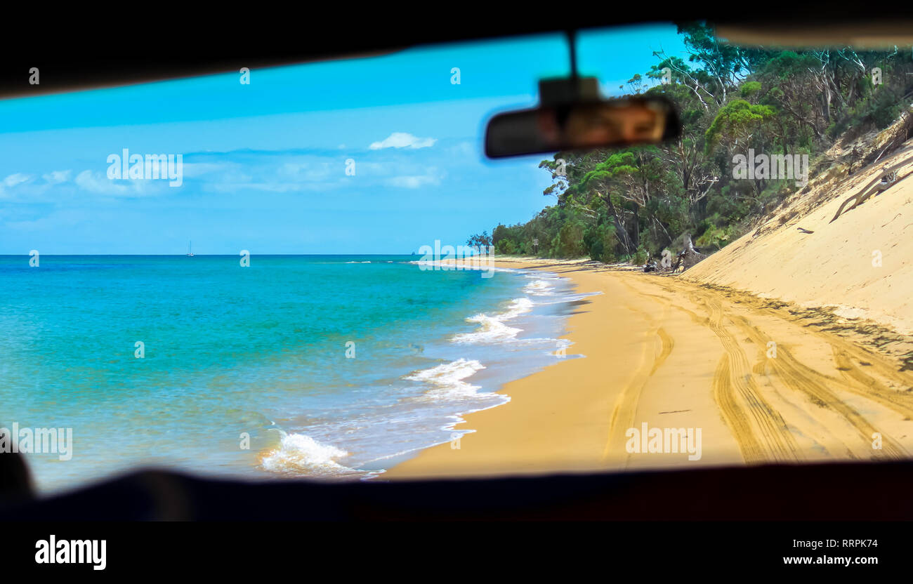 paradise highway road on the beach, travel adventure fraser island australia Stock Photo