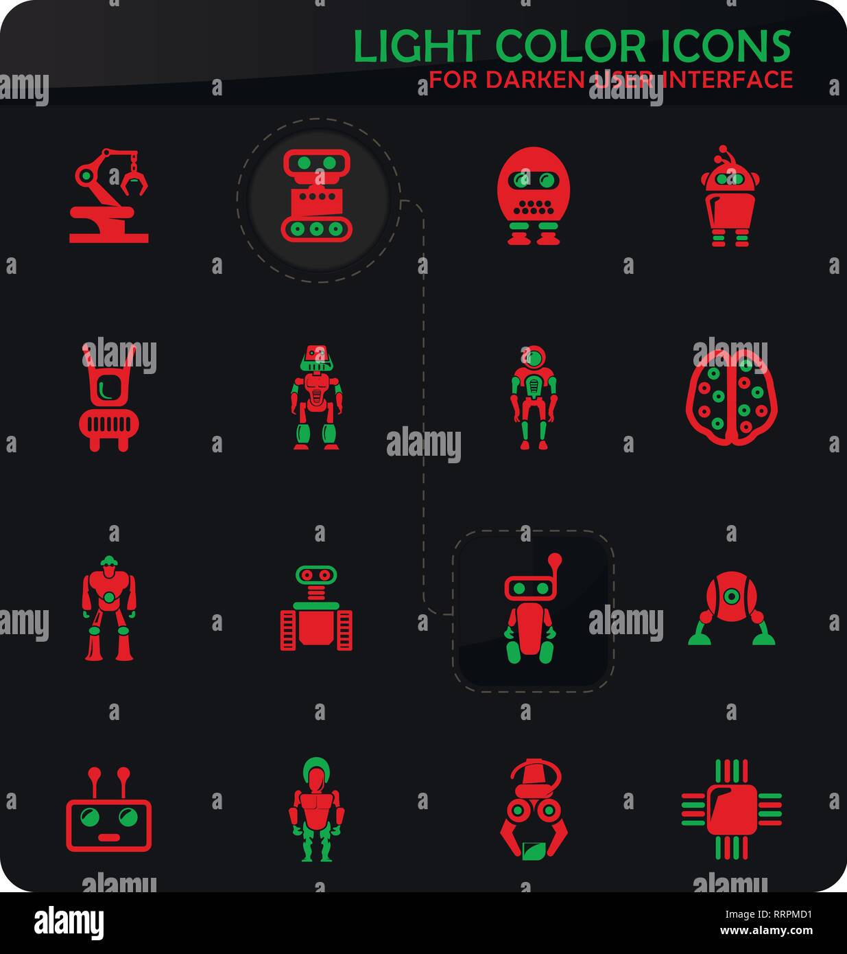 Robot easy color vector icons on darken background for user interface design Stock Vector