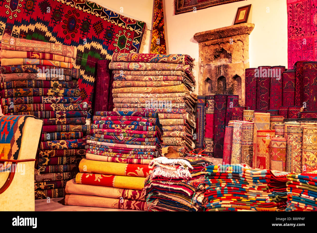 Traditional Turkish handmade carpets in the gift shop. Goreme