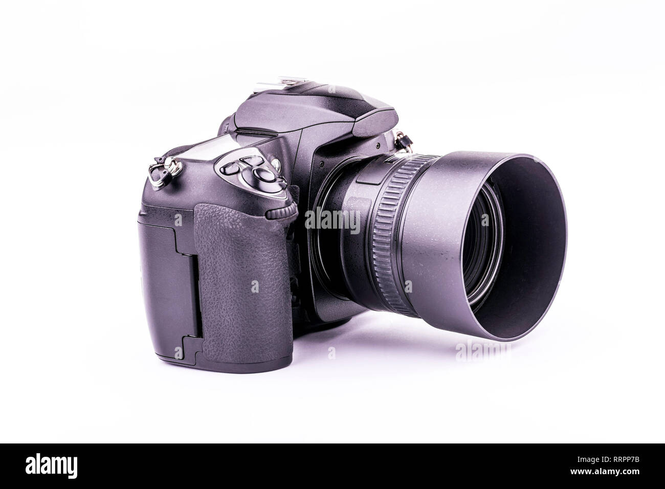 Modern black digital photo camera or dslr with interchangeable lens and