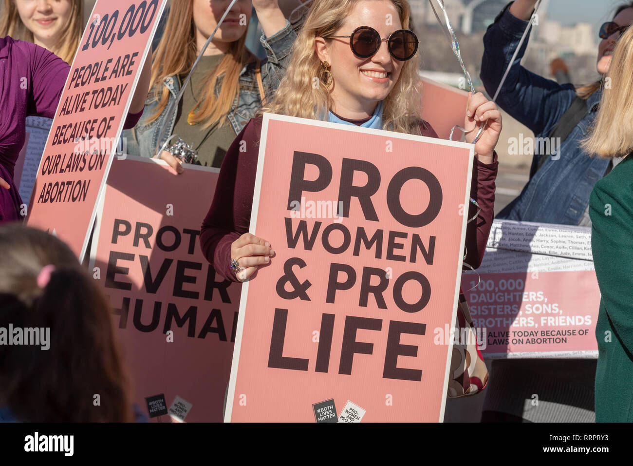 London, UK. 26th February, 2019. A march supporting decriminalisation abortion in Northern Ireland  took place today including handing in a petition to the Northern Ireland Office.  The march was supported by cross party MP's and two actors from Derry Girls, Nocola Coughlan and Siobhan McSweeney    Credit Ian Davidson/Alamy Live News Stock Photo