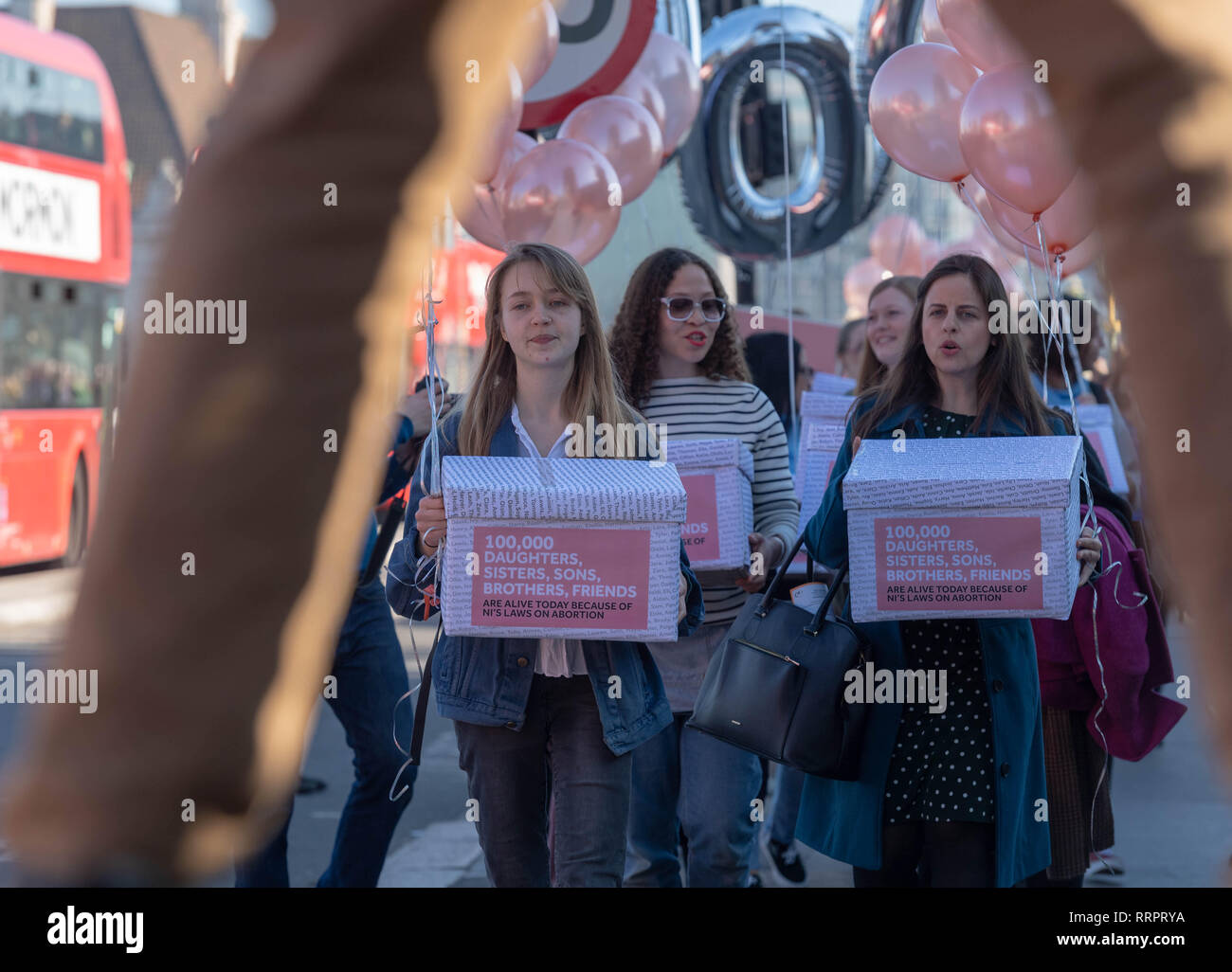 London, UK. 26th February, 2019. A march supporting decriminalisation abortion in Northern Ireland  took place today including handing in a petition to the Northern Ireland Office.  The march was supported by cross party MP's and two actors from Derry Girls, Nocola Coughlan and Siobhan McSweeney    Credit Ian Davidson/Alamy Live News Stock Photo