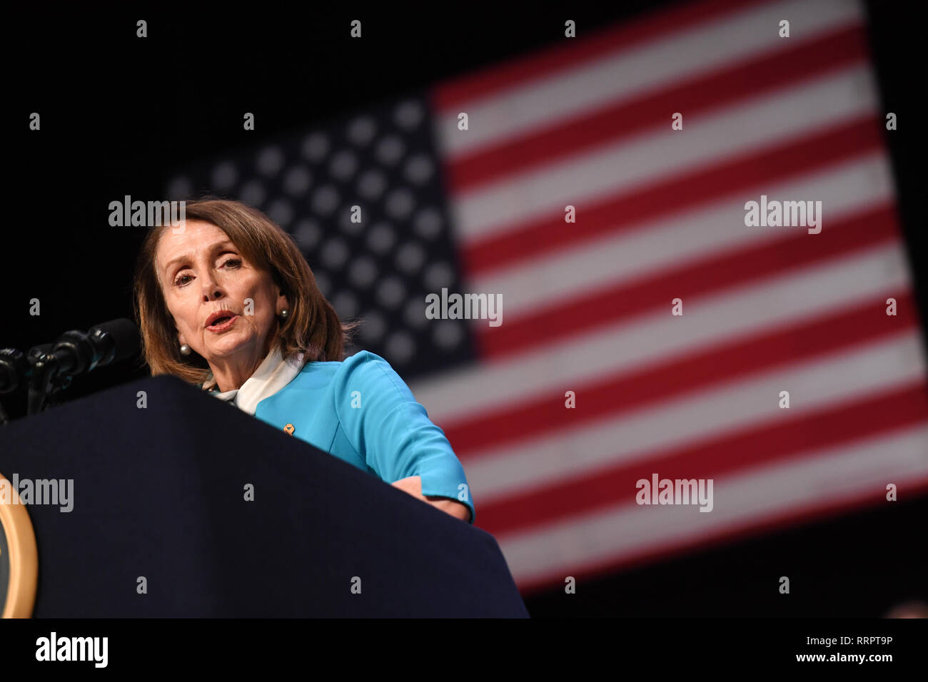 New York, USA. 25th Feb, 2019. Speaker Nancy Pelosi signs the 'Red Flag' bill into law on February 25, 2019 at John Jay College in New York. Credit: Erik Pendzich/Alamy Live News Stock Photo