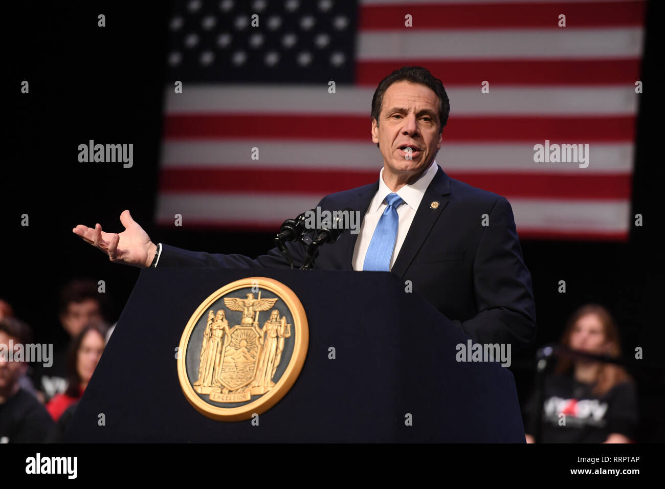 New York, USA. 25th Feb, 2019. Governor Andrew Cuomo signs the 'Red Flag' bill into law on February 25, 2019 at John Jay College in New York. Credit: Erik Pendzich/Alamy Live News Stock Photo