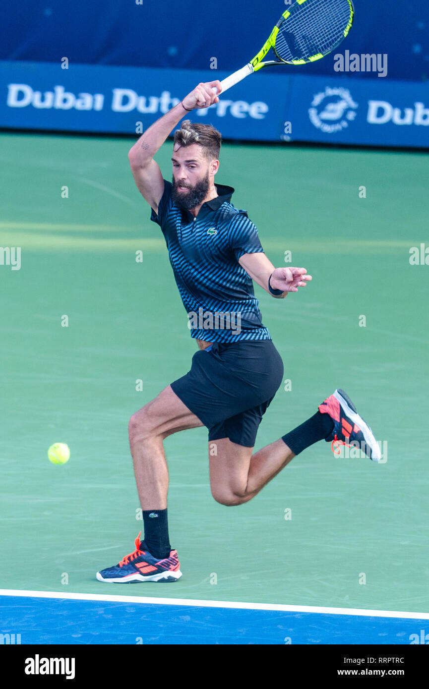 Dubai, UAE. 26th February, 2019. Benoit Paire of France in action in the first round match against Kei Nishikori of Japan during the Dubai Duty Free Tennis Championship at the Dubai International Tennis Stadium, Dubai, UAE on  26 February 2019. Photo by Grant Winter. Credit: UK Sports Pics Ltd/Alamy Live News Stock Photo