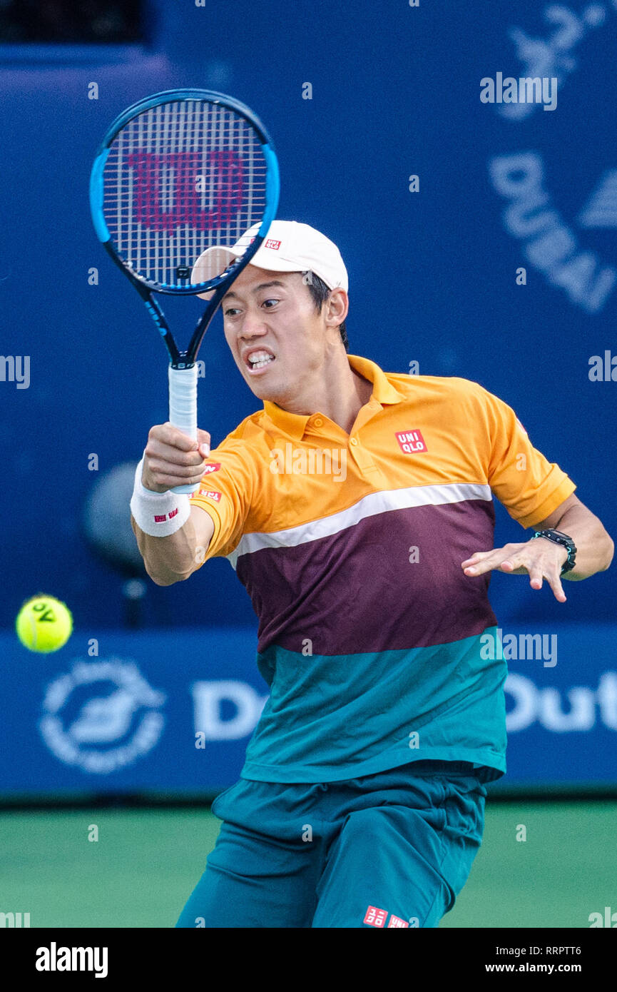 Dubai, UAE. 26th February, 2019. Kei Nishikori of Japan in action in the first round match against Benoit Paire of France during the Dubai Duty Free Tennis Championship at the Dubai International Tennis Stadium, Dubai, UAE on  26 February 2019. Photo by Grant Winter. Credit: UK Sports Pics Ltd/Alamy Live News Stock Photo