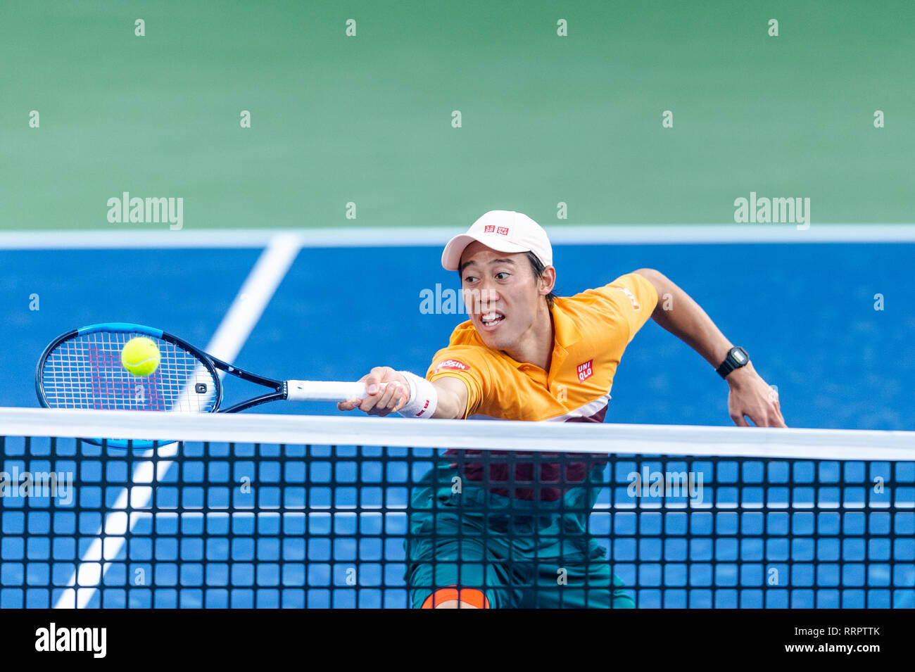 Dubai, UAE. 26th February, 2019. Kei Nishikori of Japan reaches for the ball in the first round match against Benoit Paire of France during the Dubai Duty Free Tennis Championship at the Dubai International Tennis Stadium, Dubai, UAE on  26 February 2019. Photo by Grant Winter. Credit: UK Sports Pics Ltd/Alamy Live News Stock Photo