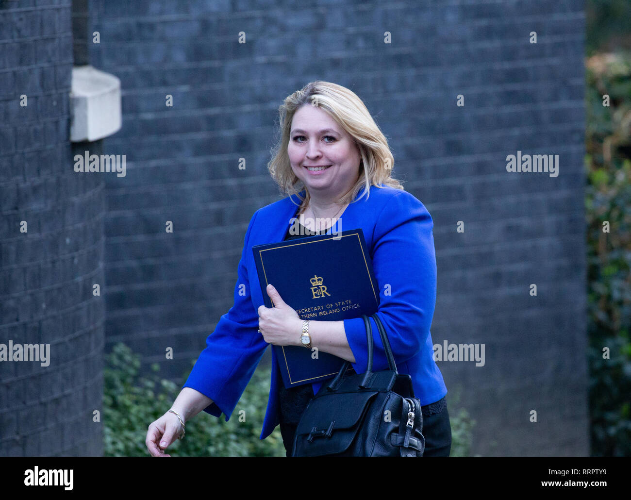 London, UK. 26th Feb, 2019. Karen Bradley, Secretary of State for Northern Ireland, arrives in Downing Street for the weekly Cabinet meeting. Credit: Tommy London/Alamy Live News Stock Photo